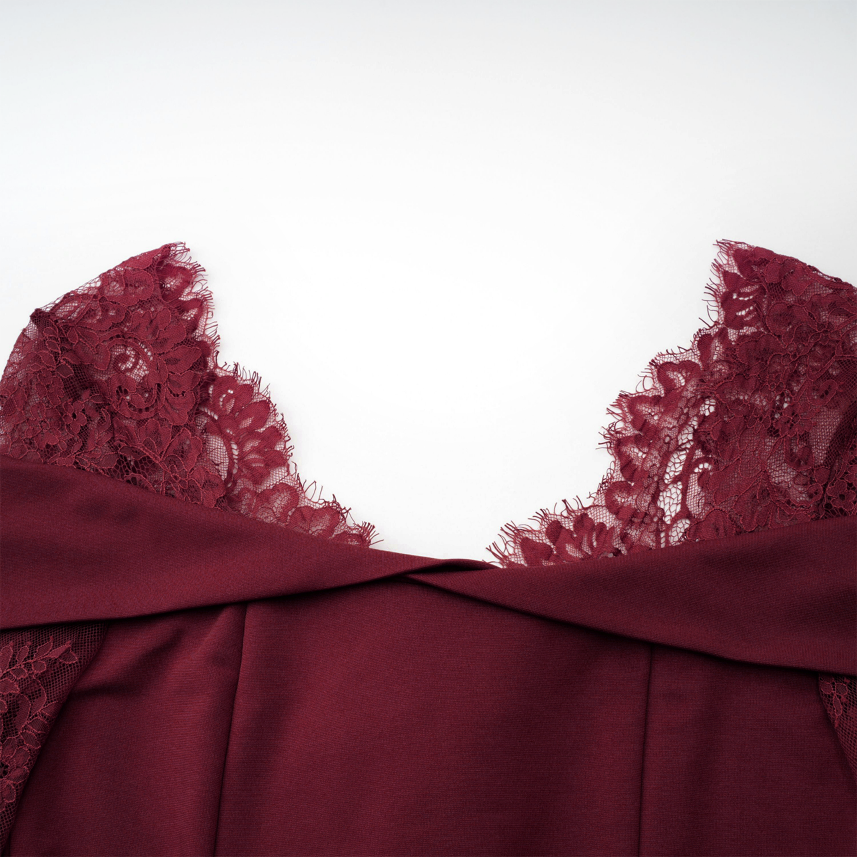 Burgundy off-the-shoulder maxi gown with sheer lace long sleeves