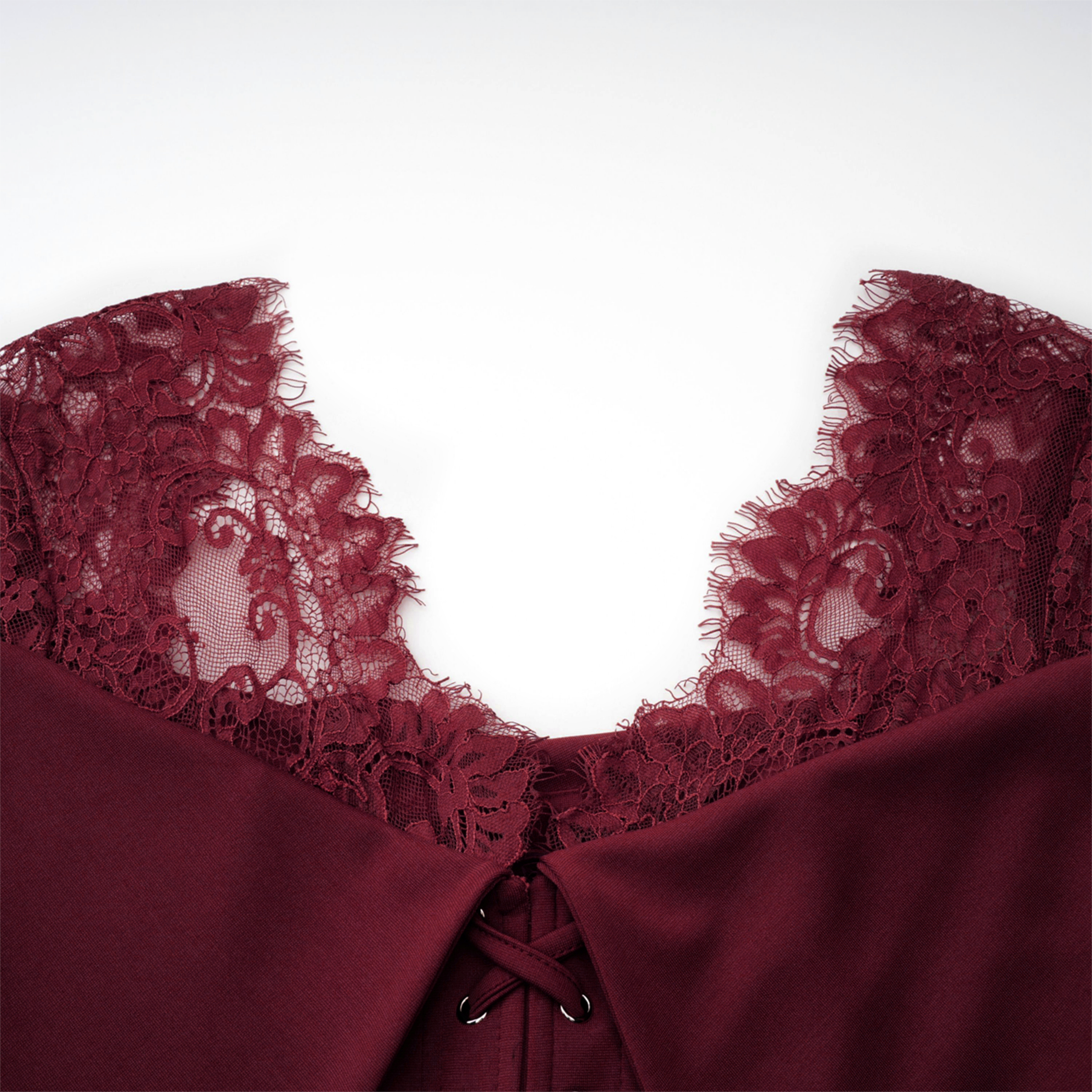 Burgundy off-the-shoulder maxi gown with sheer lace long sleeves