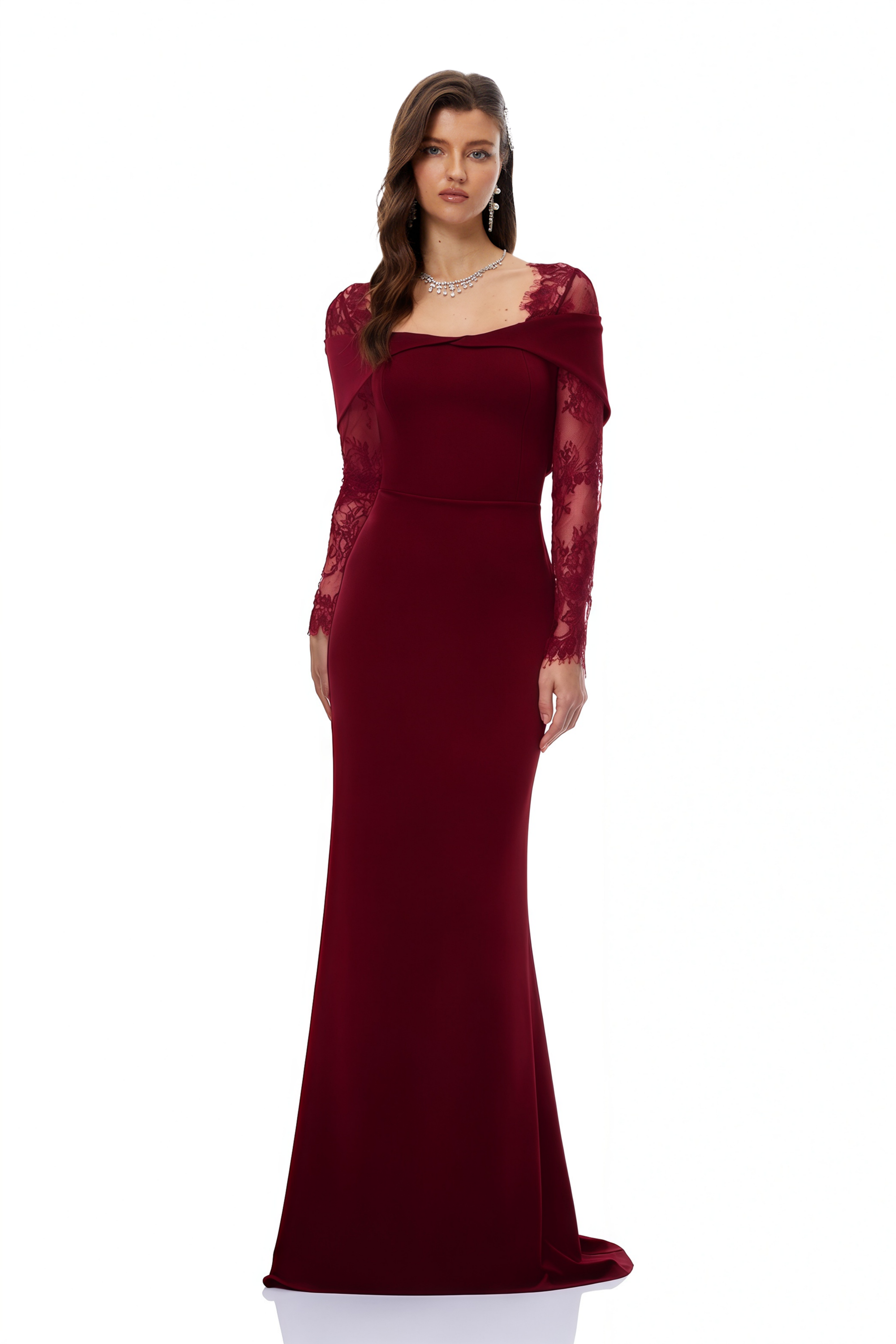 Burgundy off-the-shoulder maxi gown with sheer lace long sleeves