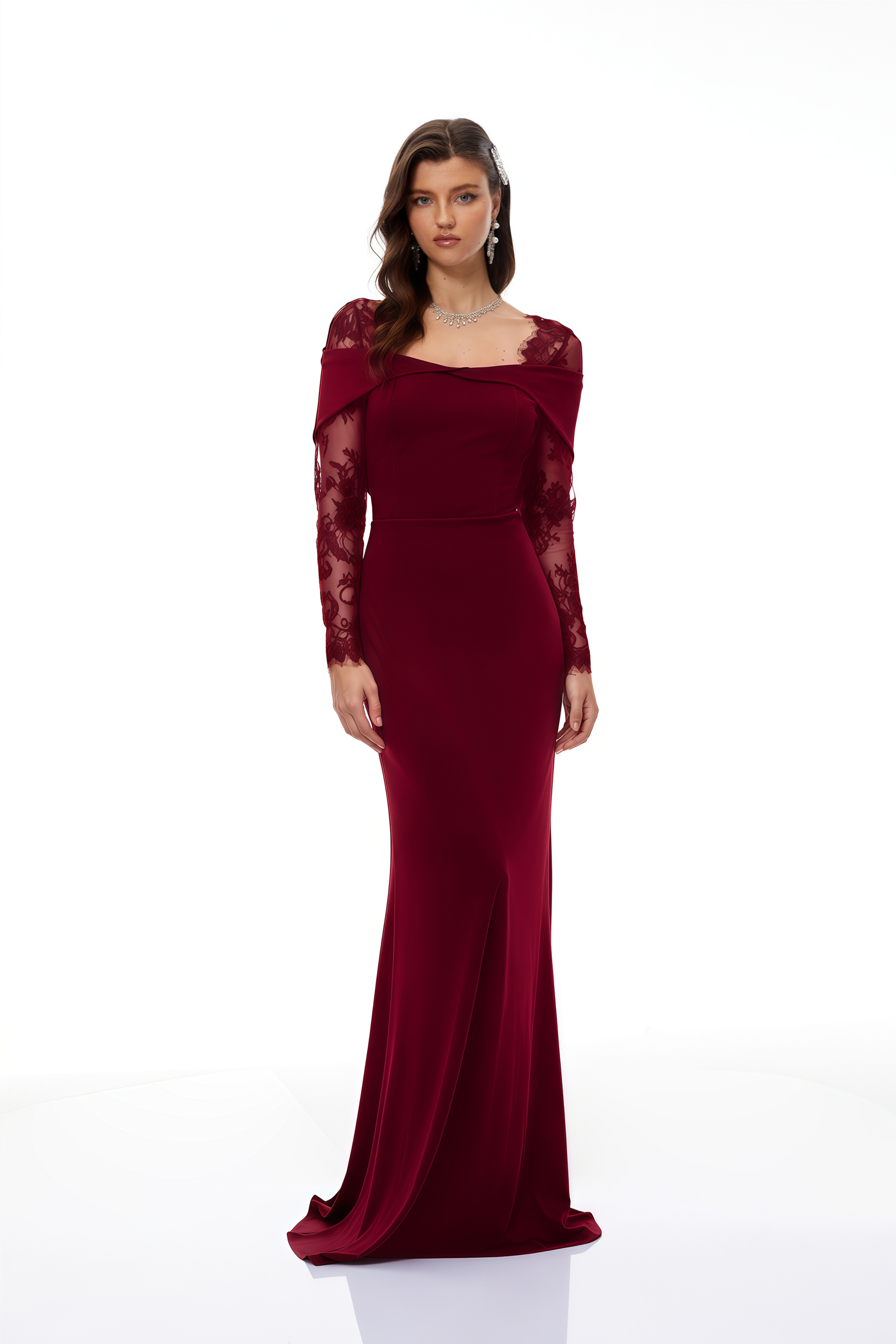 Burgundy off-the-shoulder maxi gown with sheer lace long sleeves