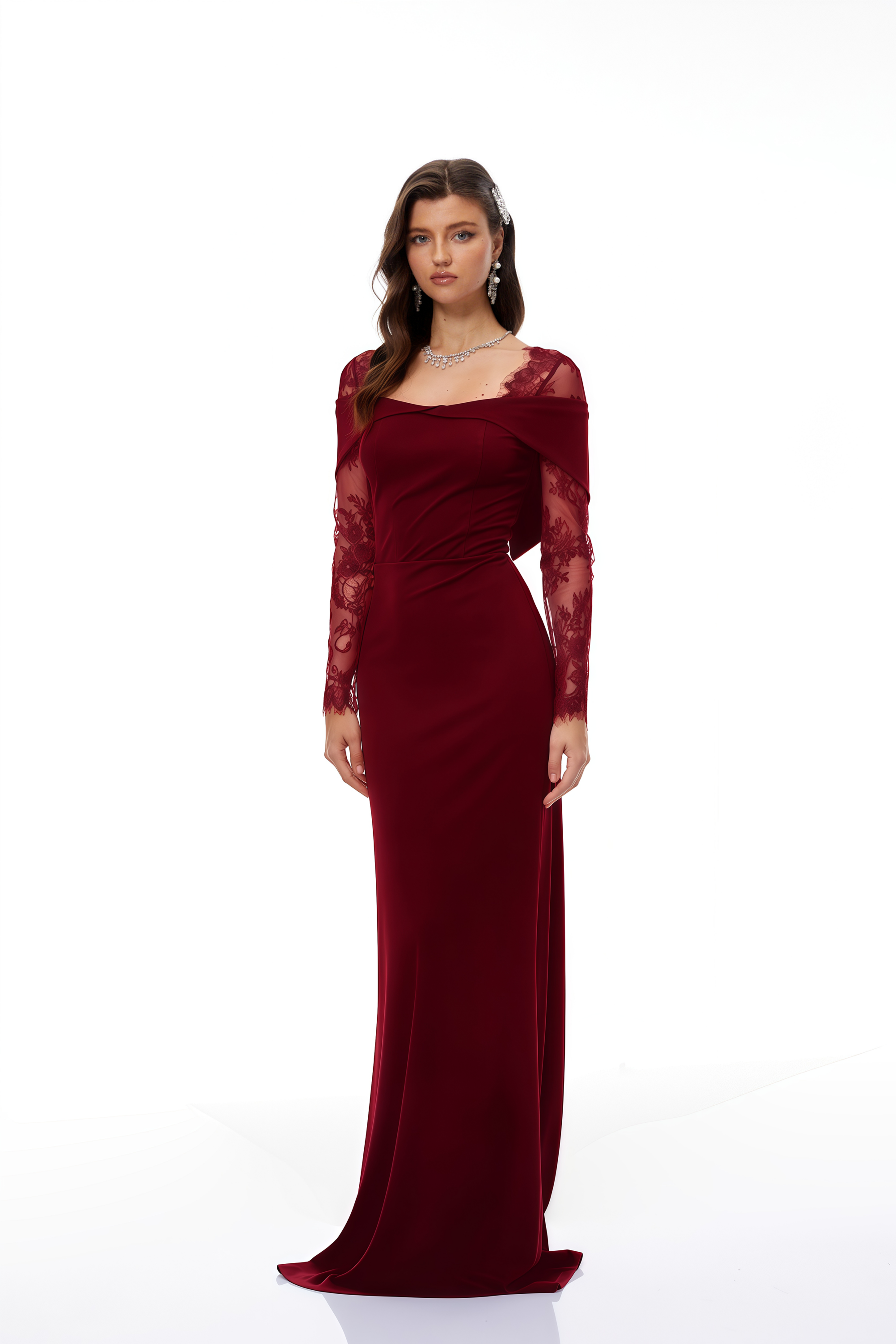 Burgundy off-the-shoulder maxi gown with sheer lace long sleeves