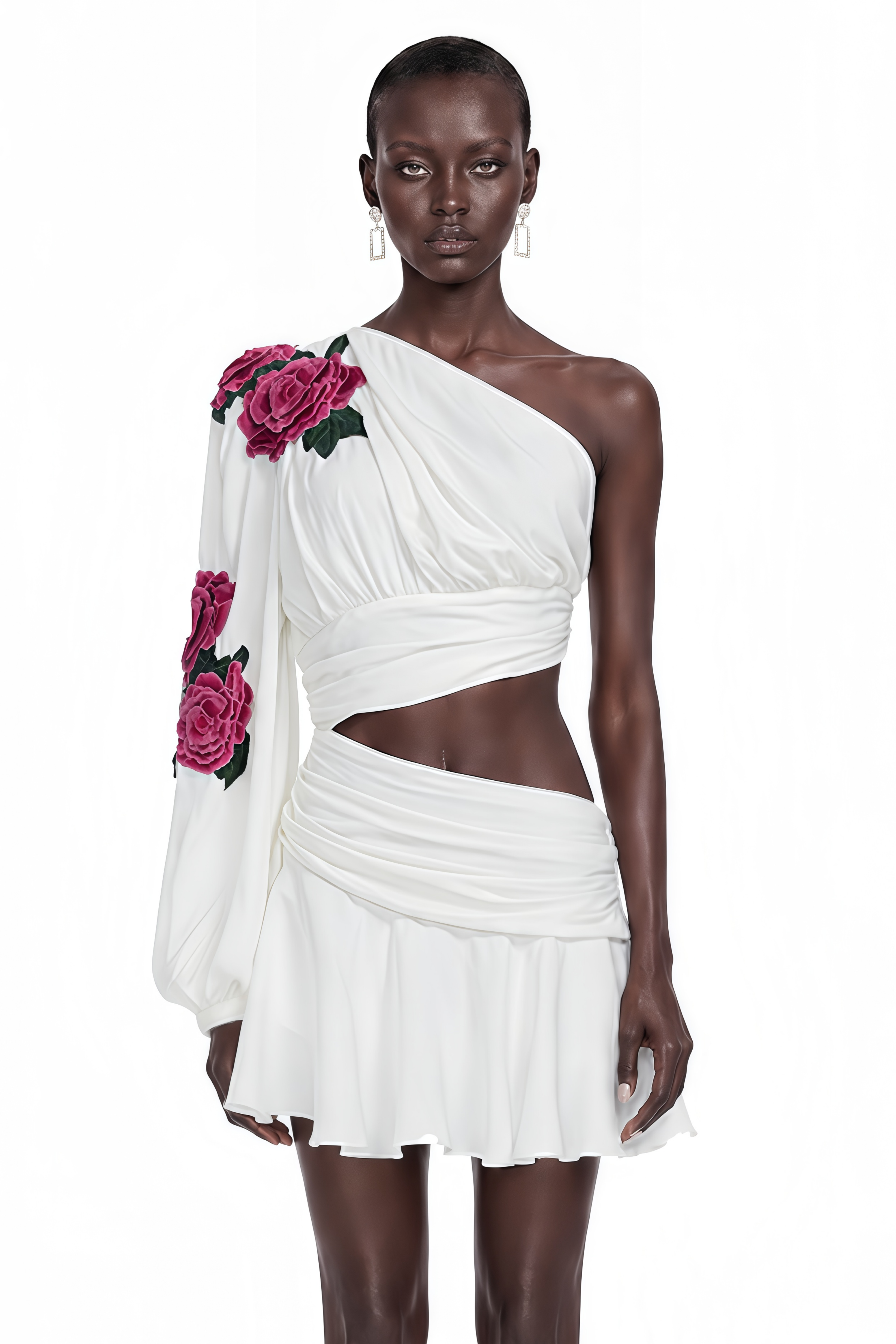 Georgina White Floral Appliqué Asymmetrical Mini Dress
