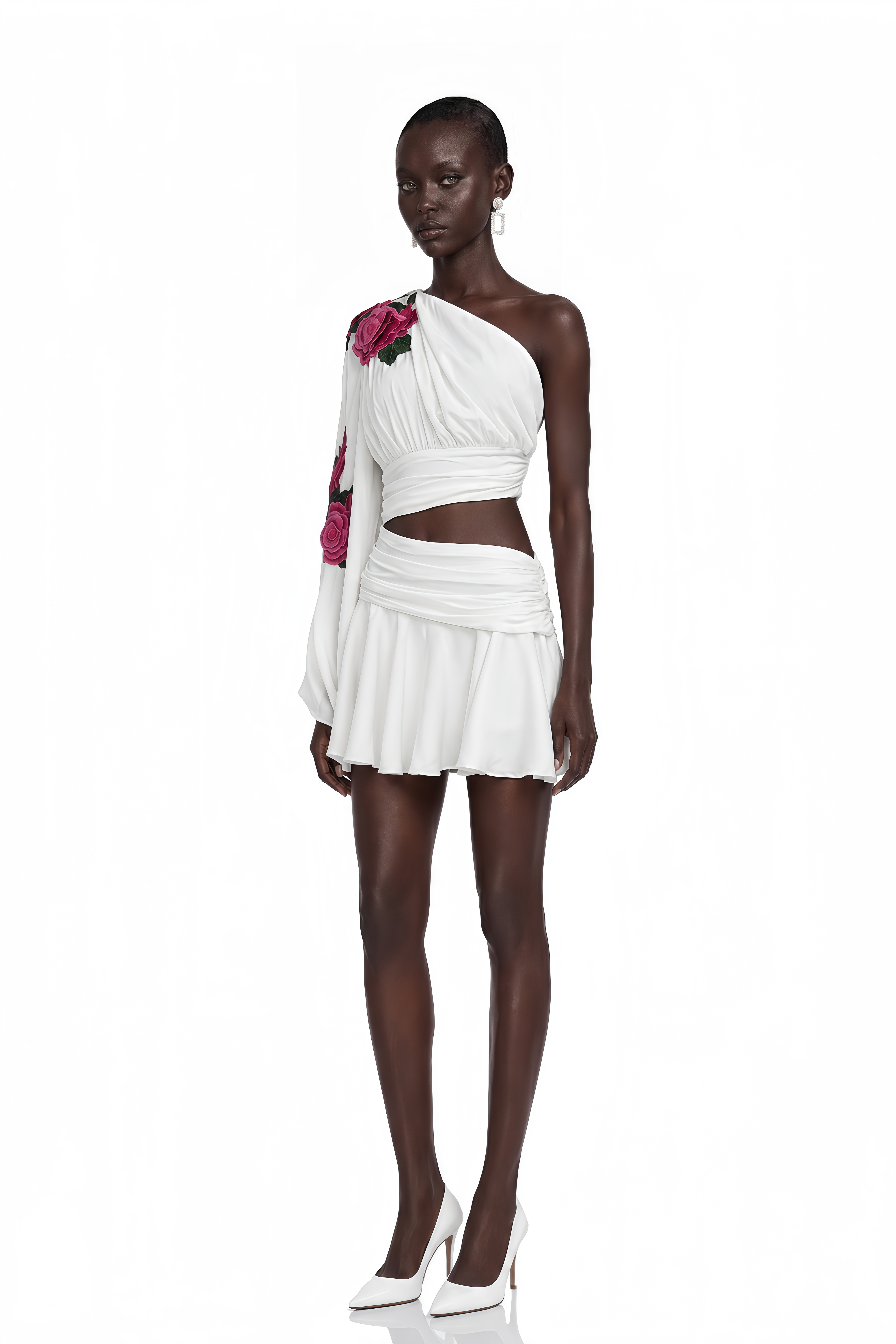 Georgina White Floral Appliqué Asymmetrical Mini Dress