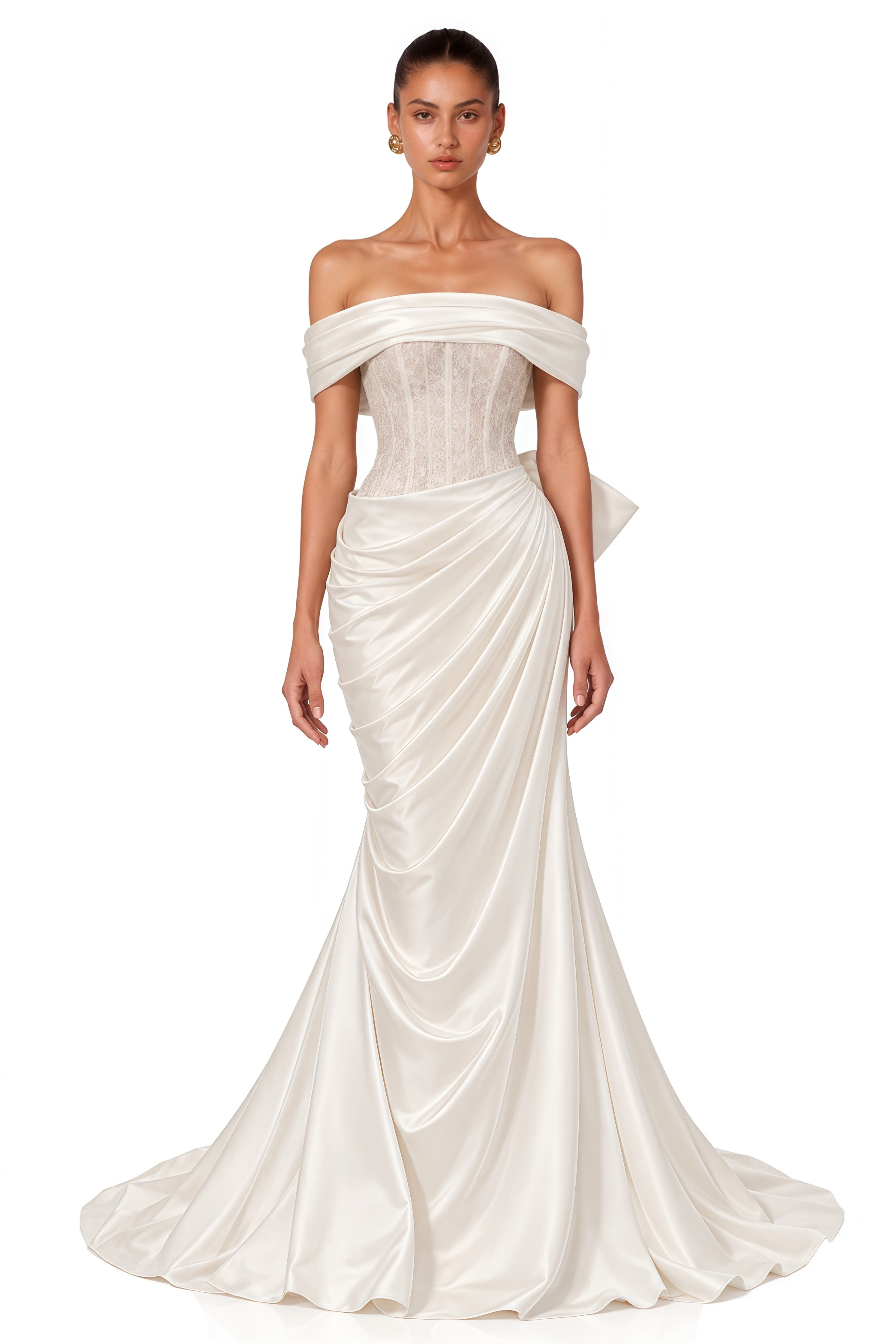 Georgina White Off Shoulder Ruched Satin Maxi Dress