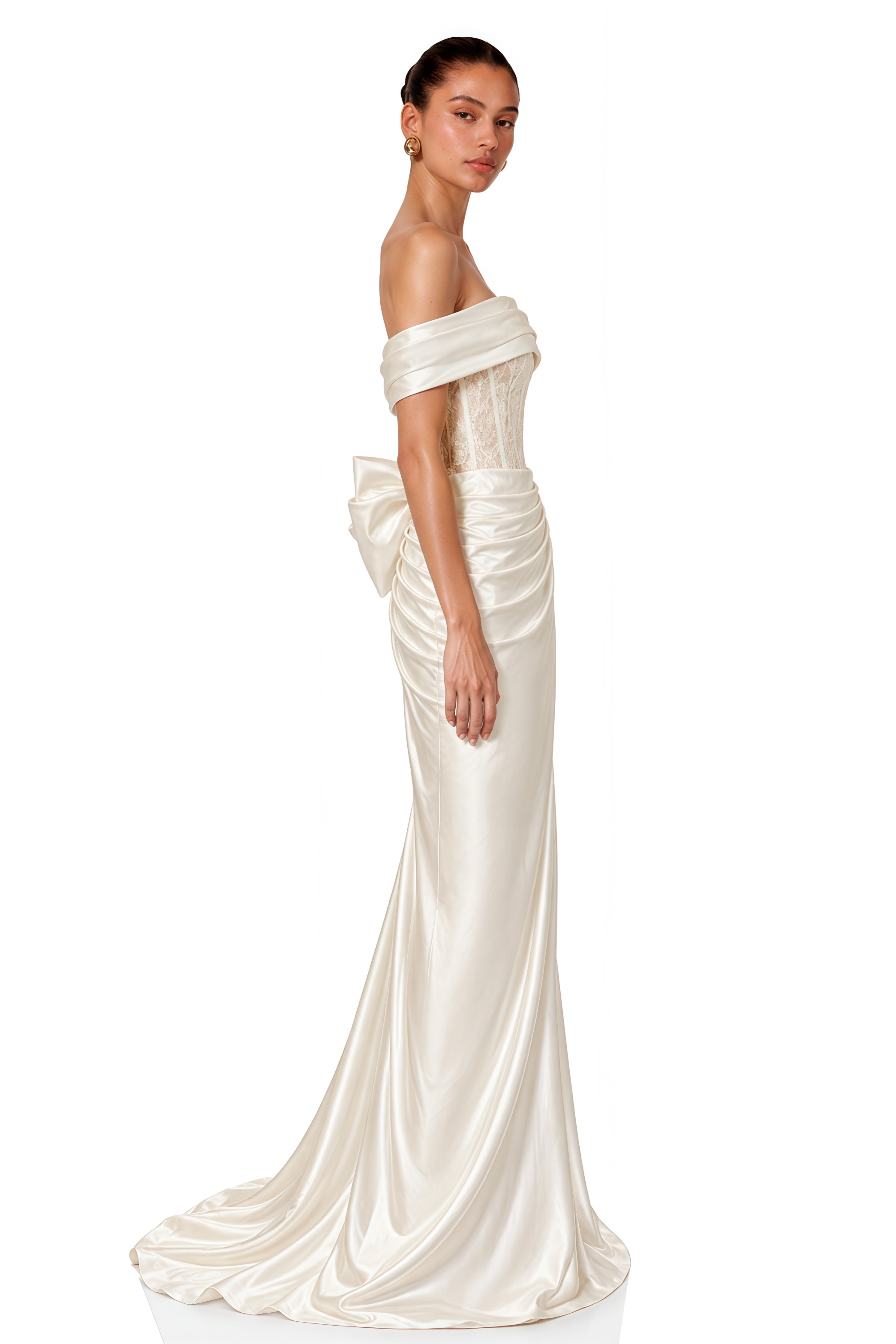 Georgina White Off Shoulder Ruched Satin Maxi Dress