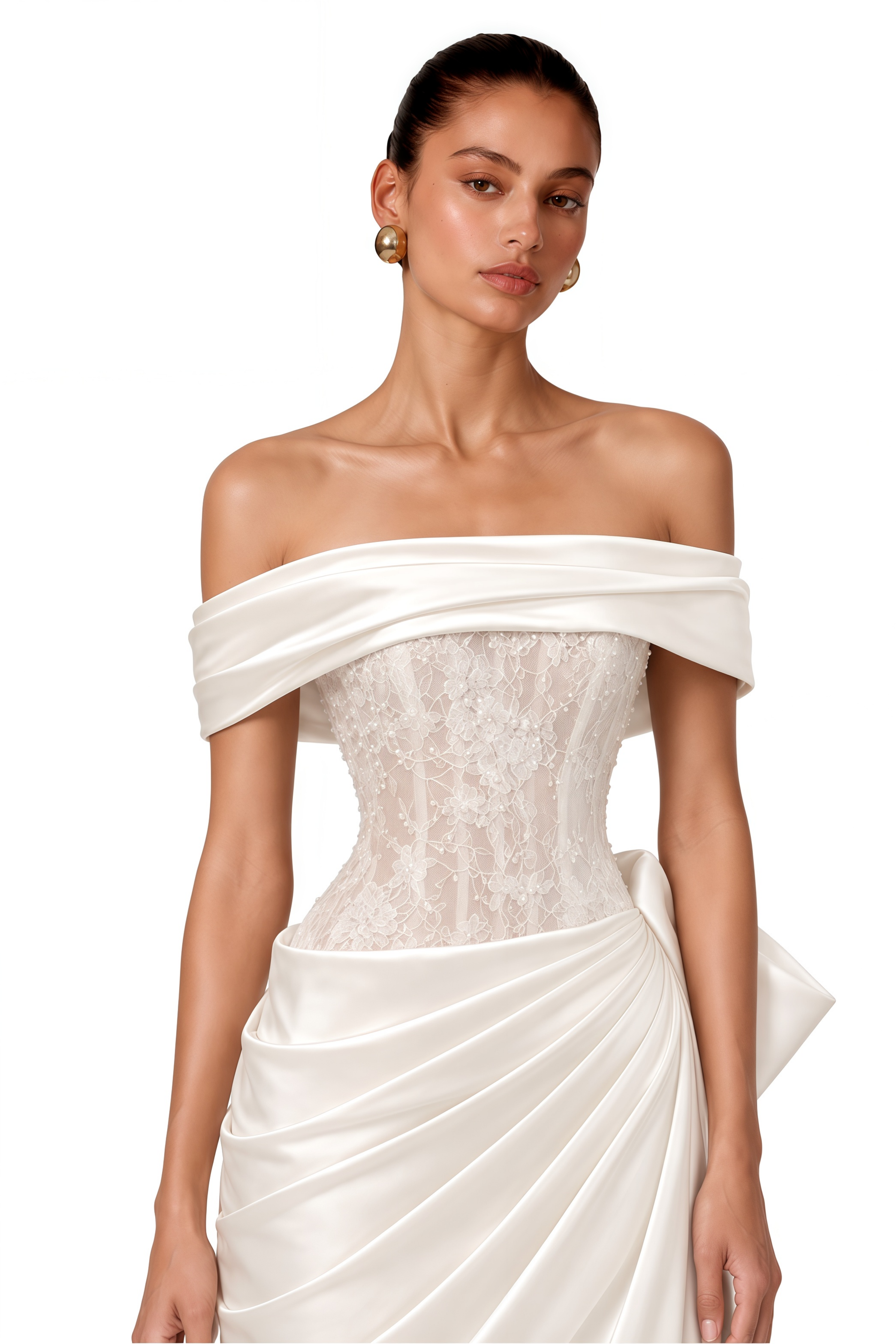 Georgina White Off Shoulder Ruched Satin Maxi Dress