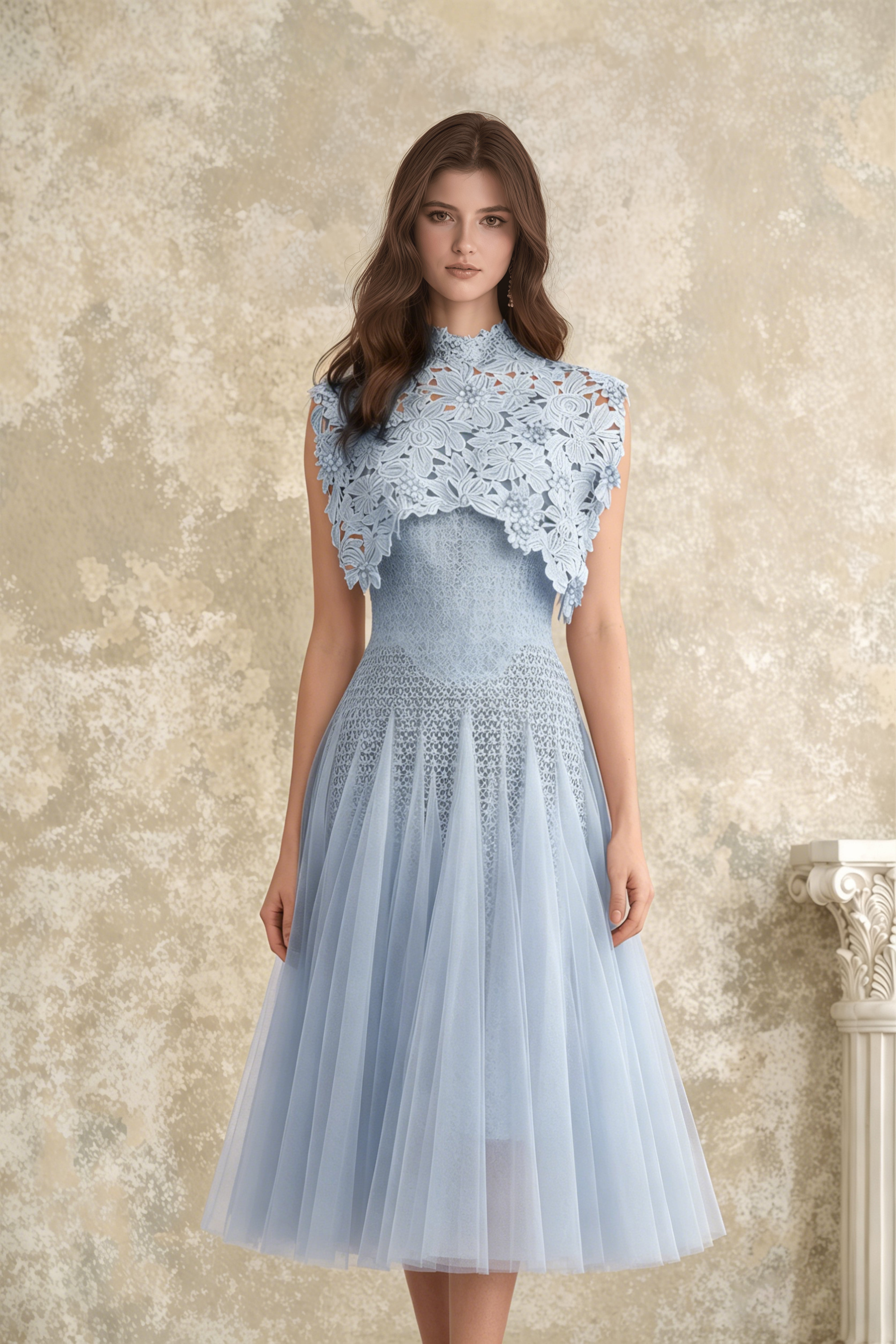 Blue Floral Crochet Midi Dress