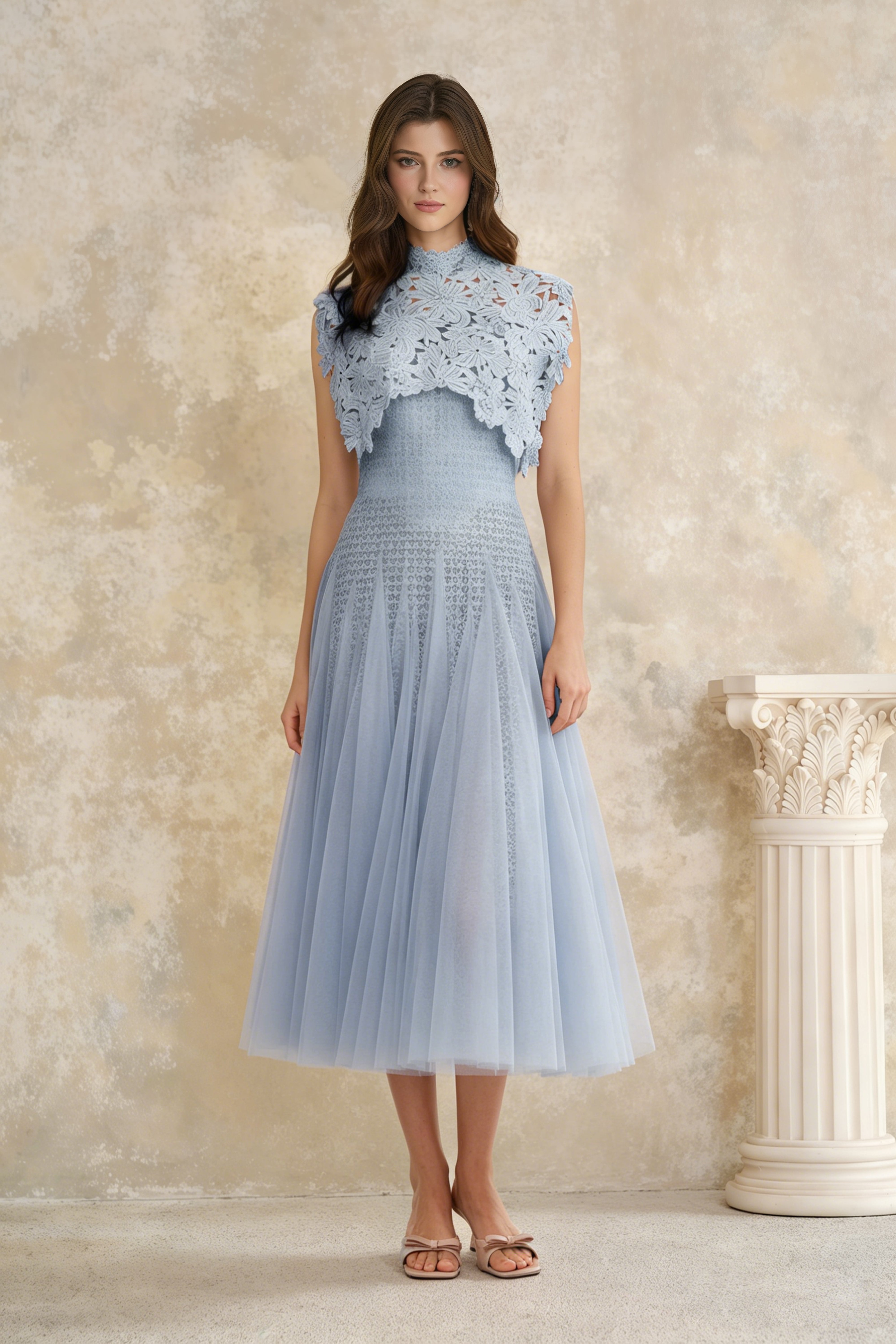 Blue Floral Crochet Midi Dress