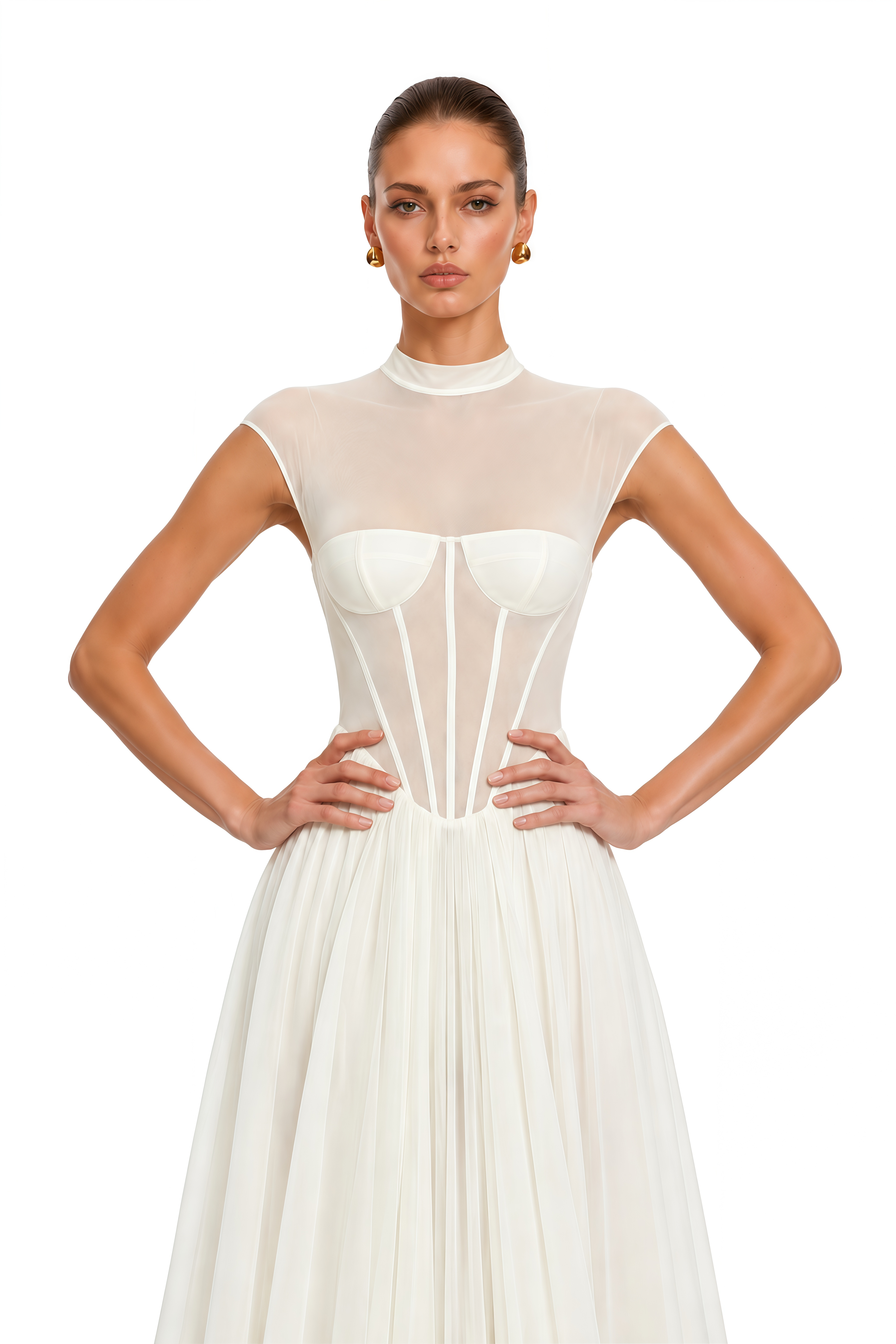 Ghazal White Sheer Corset Tulle Maxi Dress