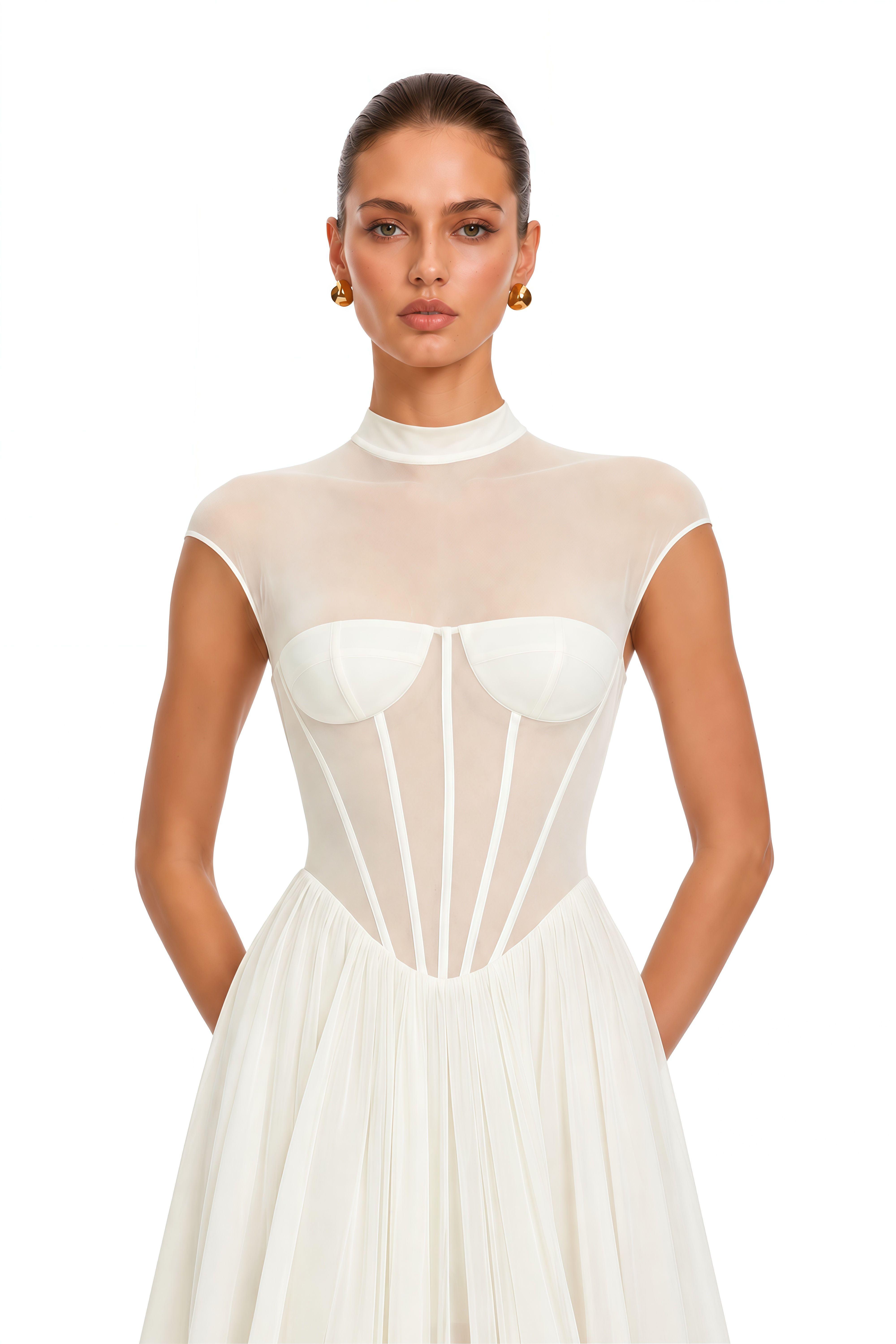 Ghazal White Sheer Corset Tulle Maxi Dress