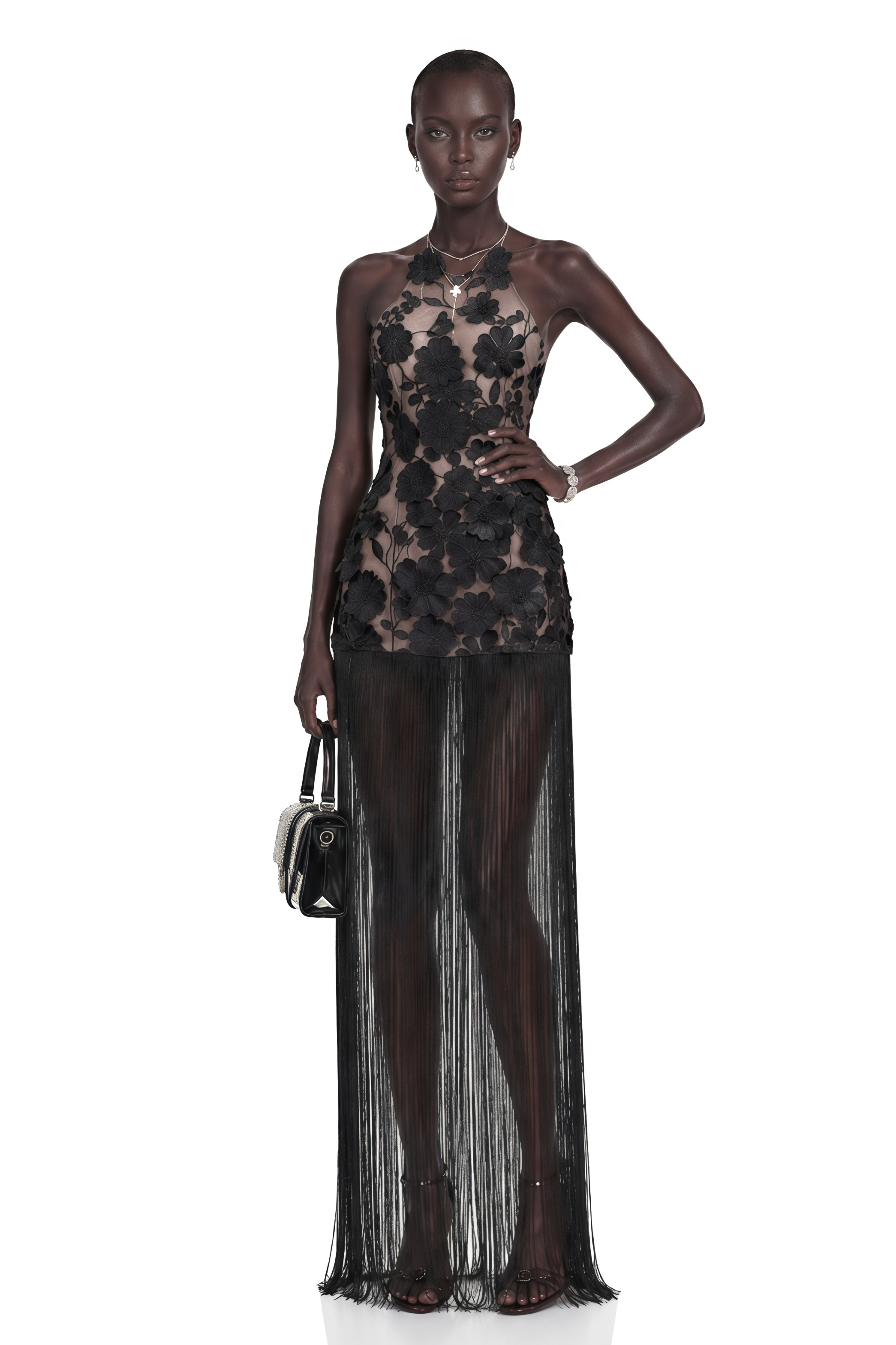 Gillian Black 3D Petal Halterneck Maxi Dress with Fringe