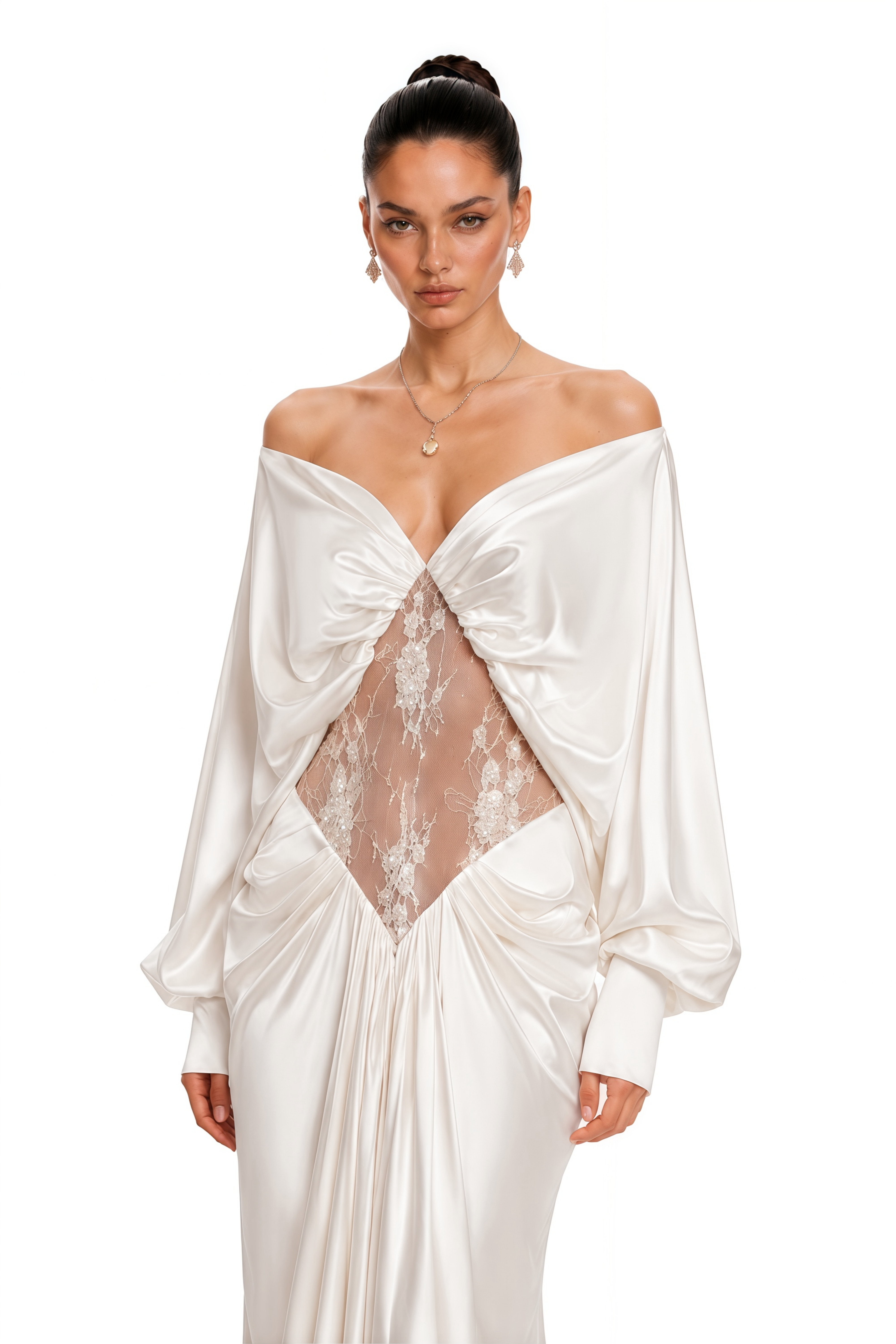 Gioconda White Off Shoulder Maxi Dress with Lace Panels