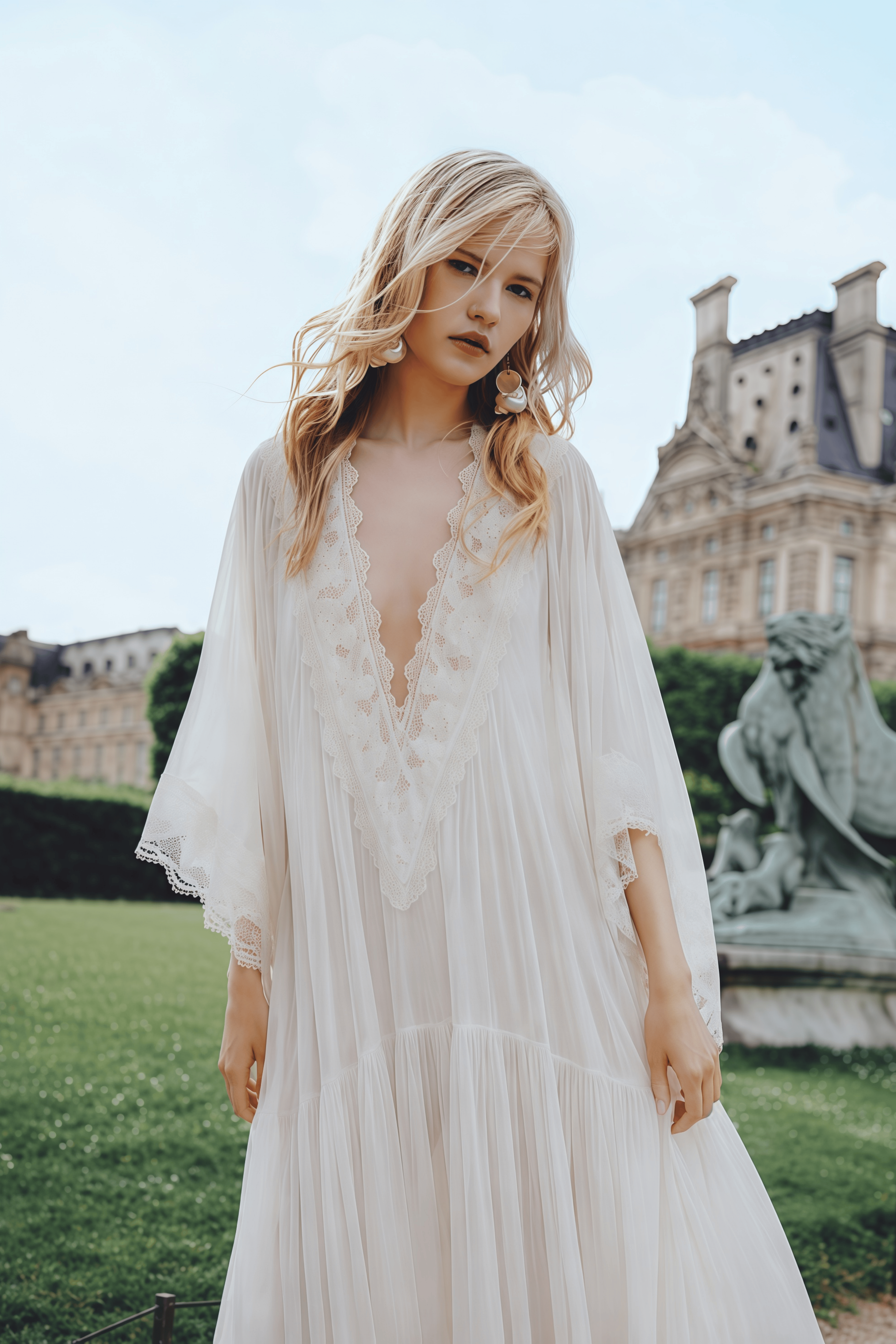 Giovanna White V-Neck Maxi Dress with Lace Trim