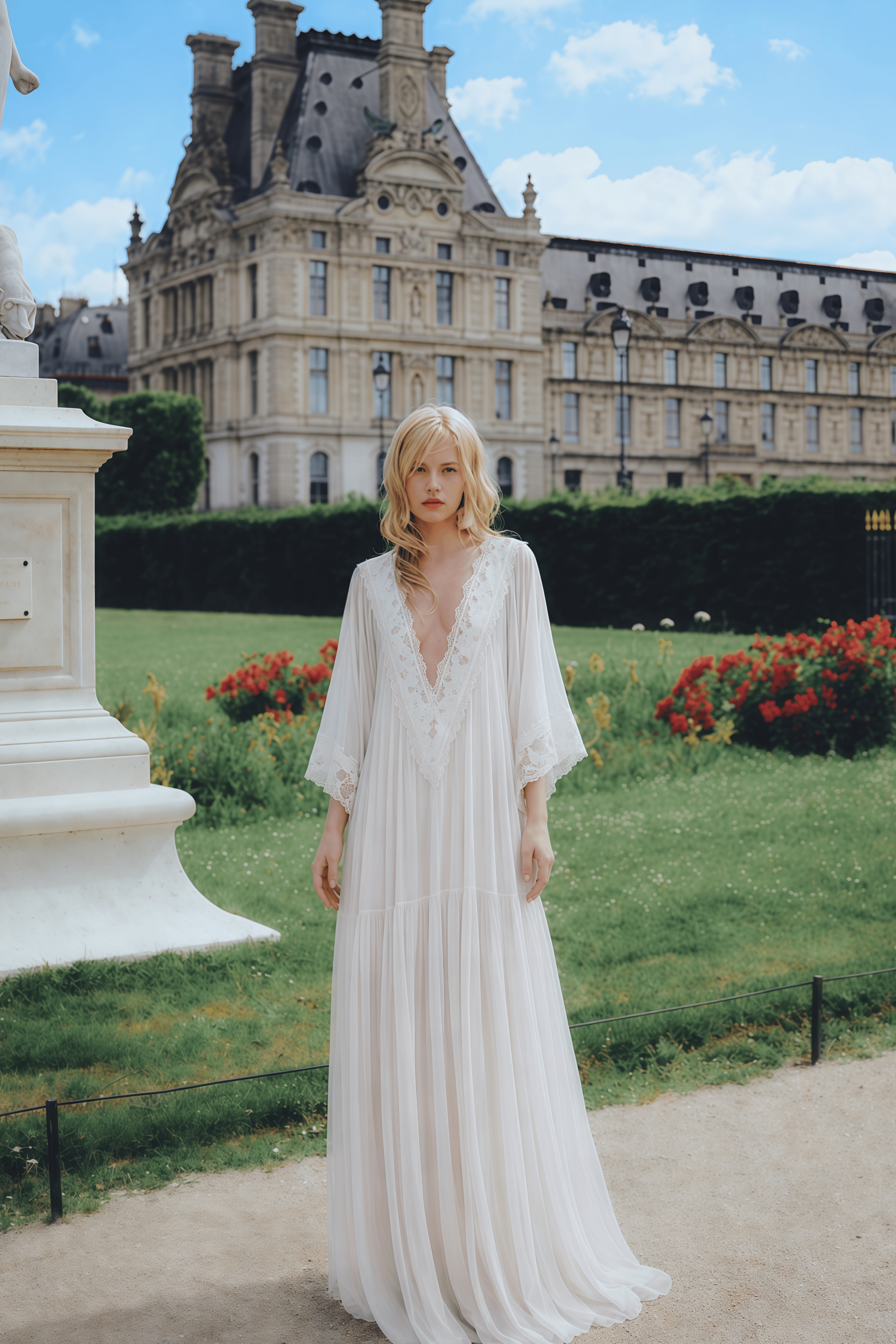 Giovanna White V-Neck Maxi Dress with Lace Trim