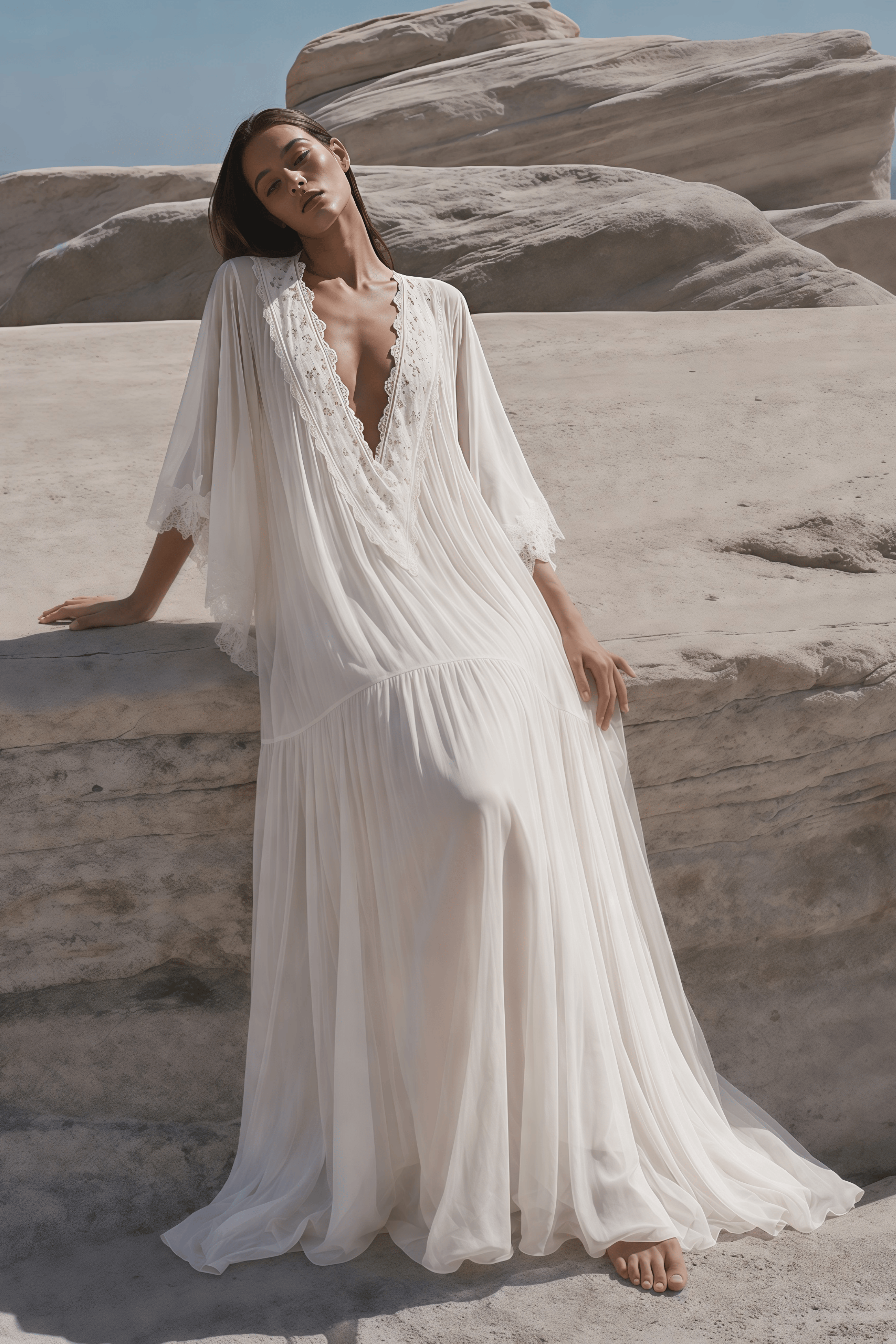 Giovanna White V-Neck Maxi Dress with Lace Trim
