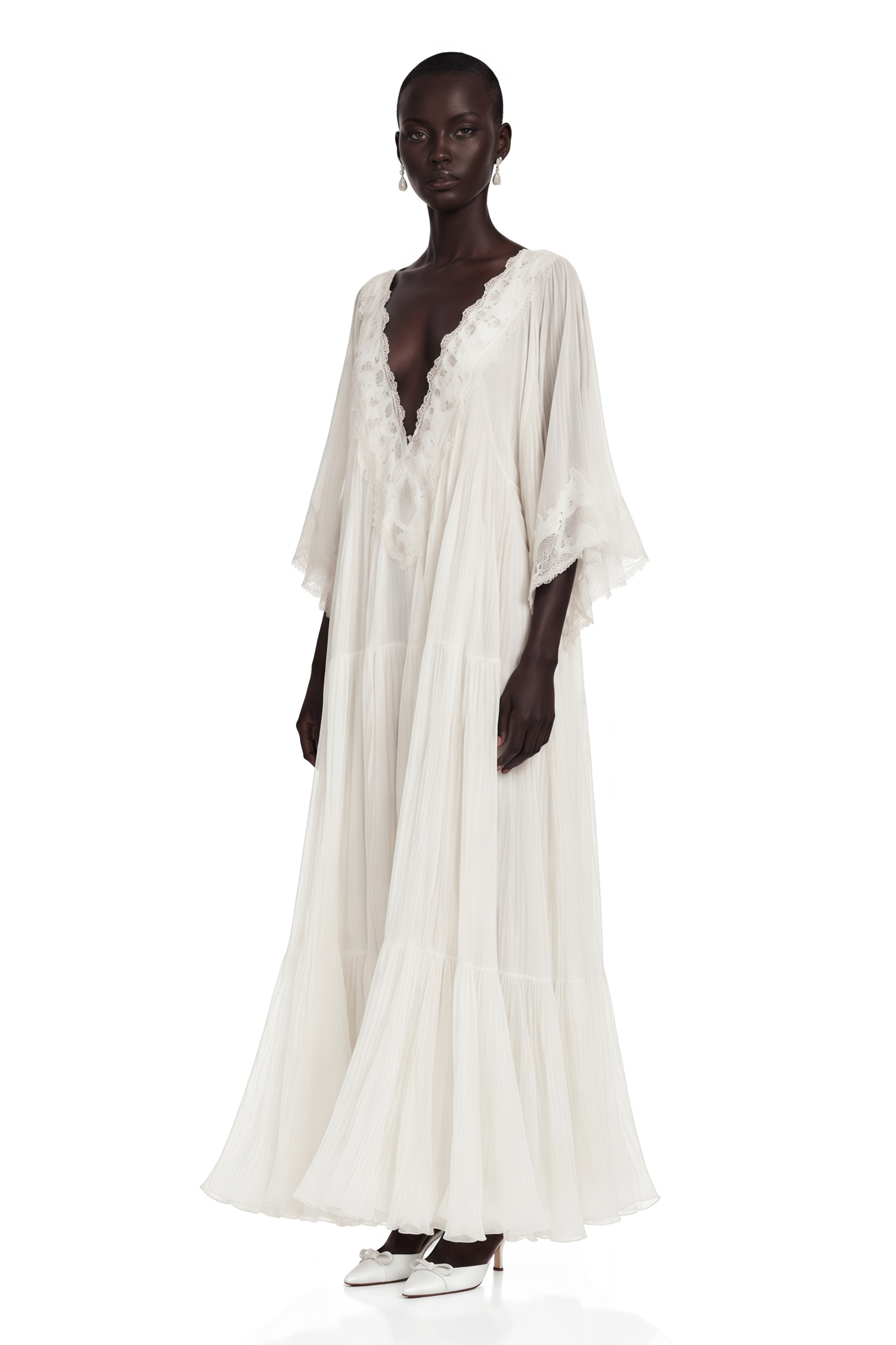 Off-white deep V-neck maxi dress with lace trim and wide sleeves