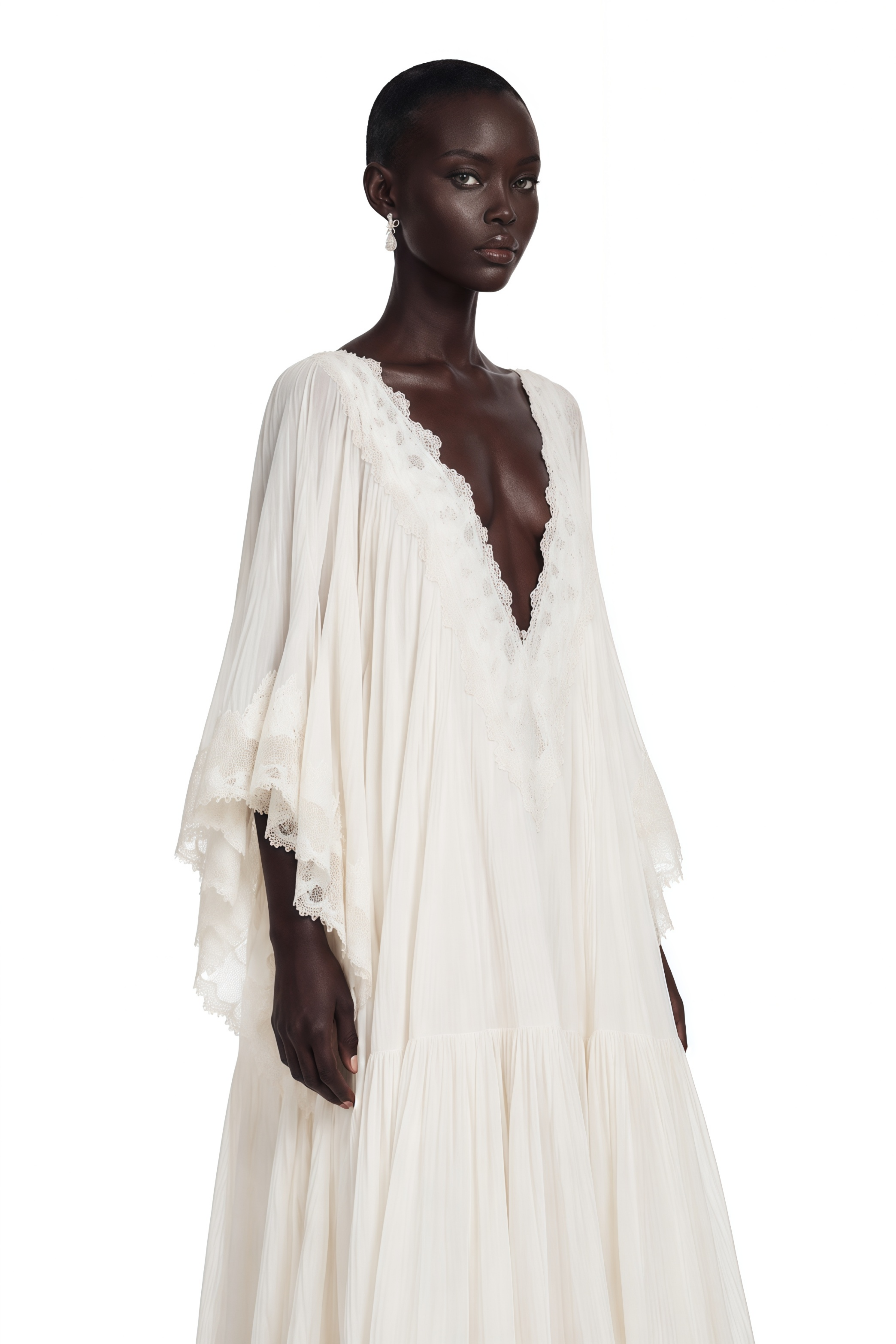 Off-white deep V-neck maxi dress with lace trim and wide sleeves