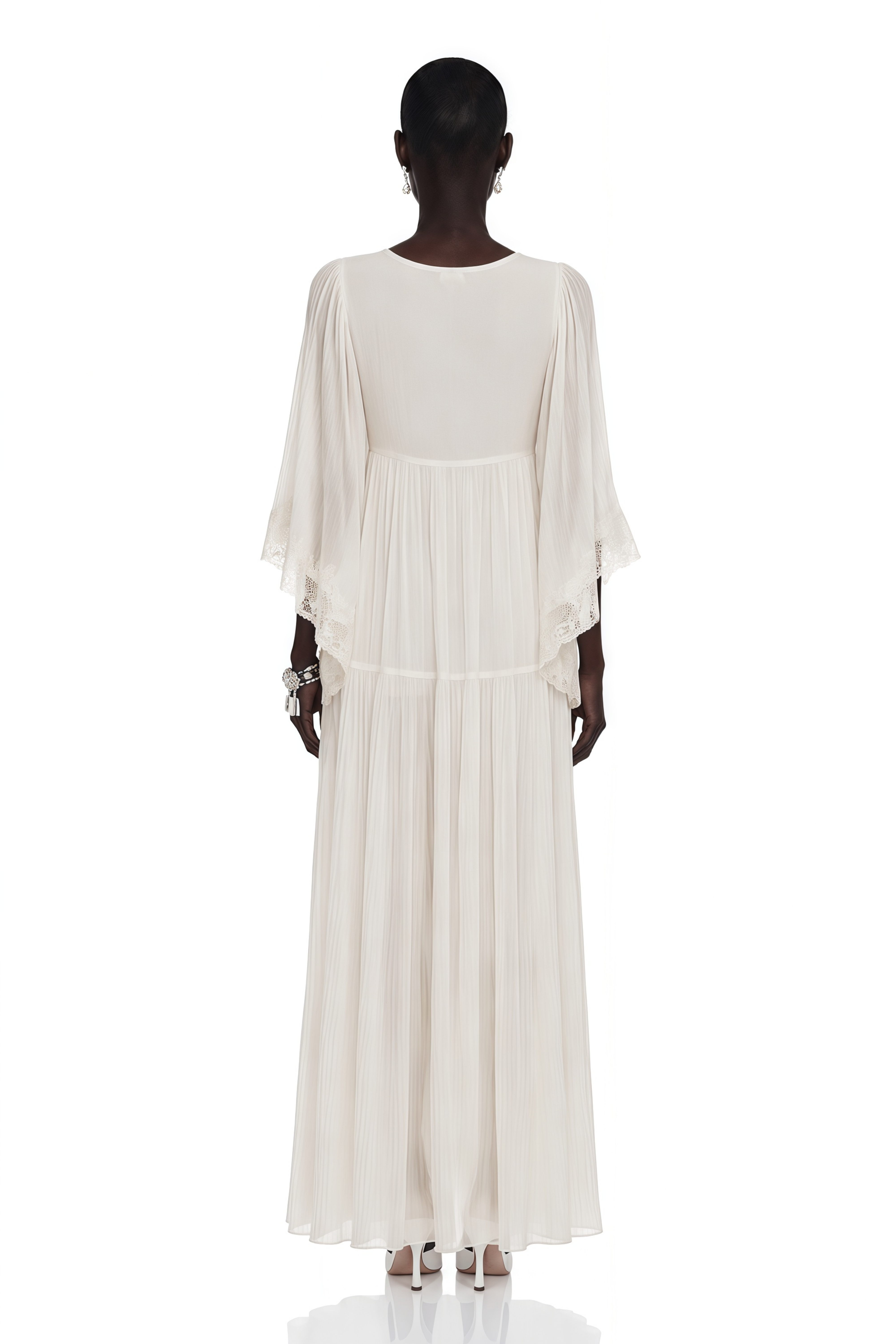 Off-white deep V-neck maxi dress with lace trim and wide sleeves