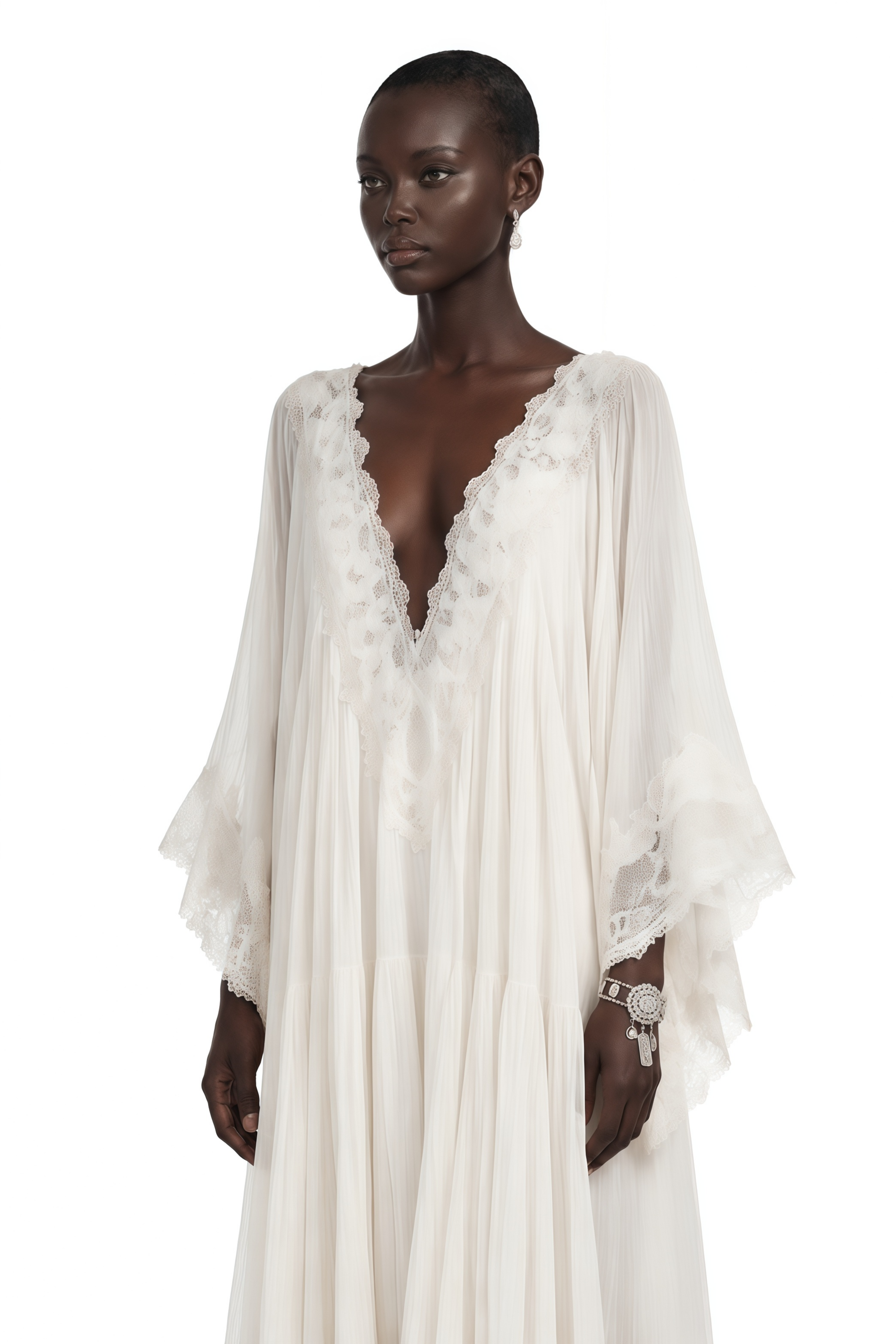 Off-white deep V-neck maxi dress with lace trim and wide sleeves