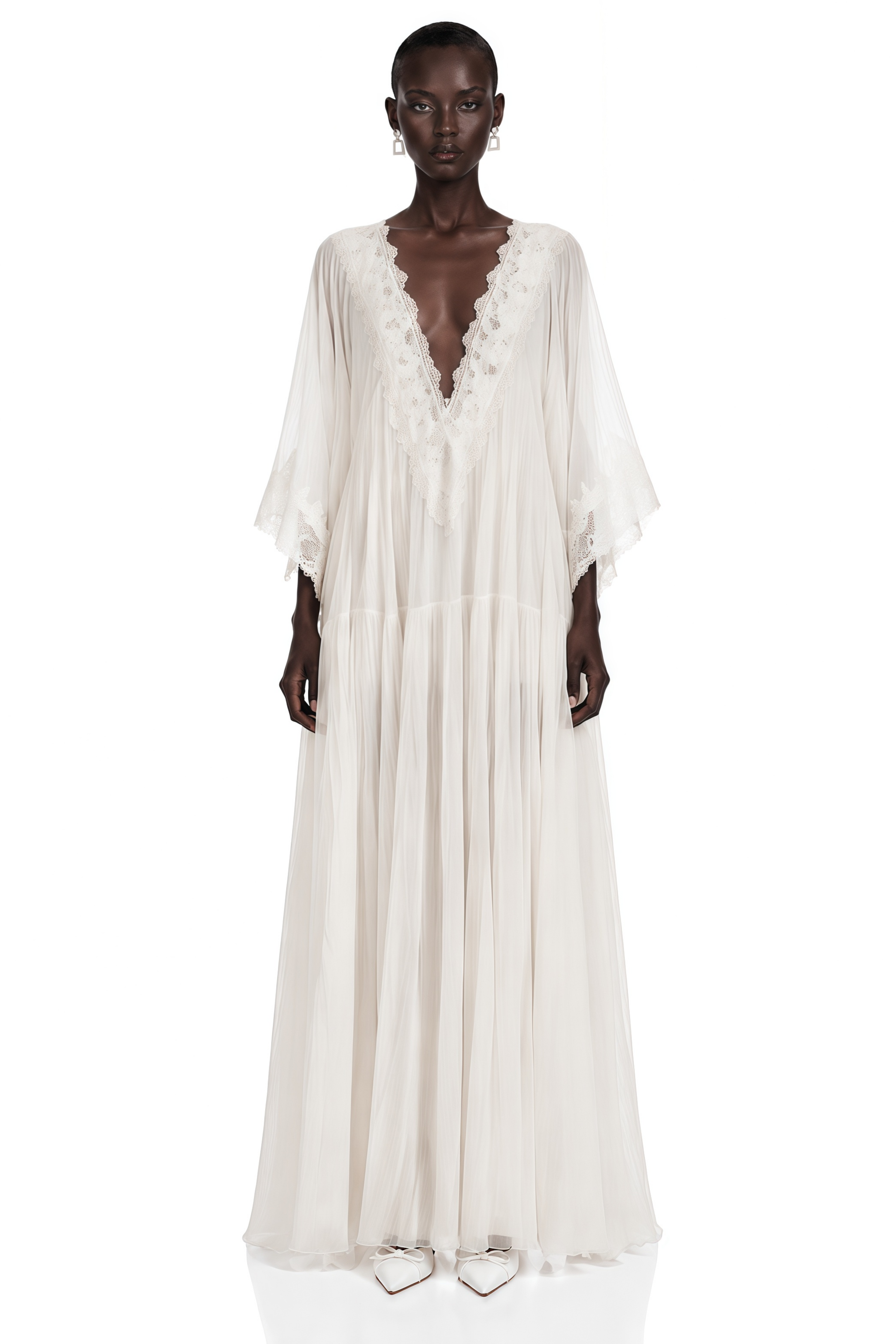 Off-white deep V-neck maxi dress with lace trim and wide sleeves