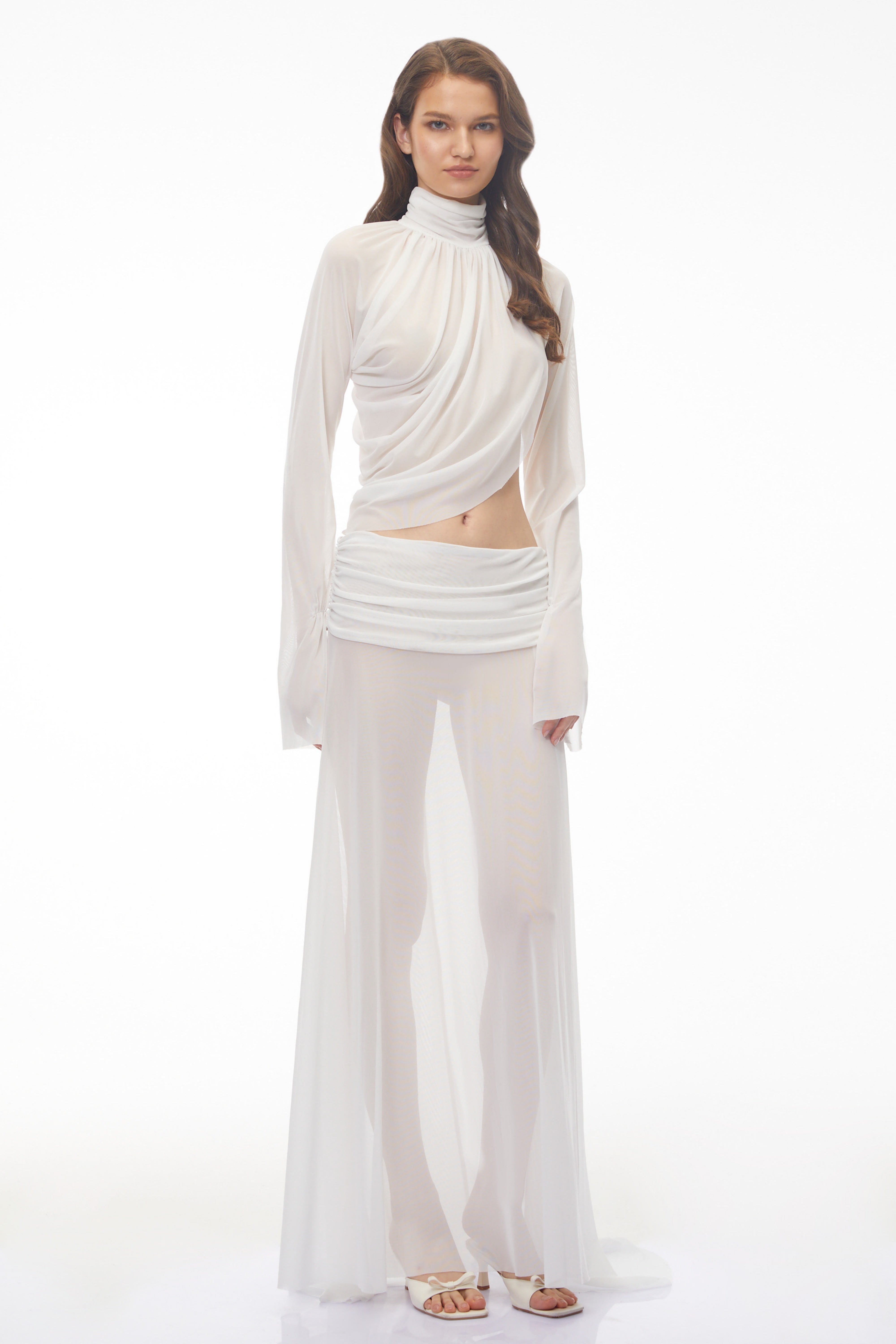 White Chiffon Maxi Dress with High Neck, Side Cut-Out, and High Leg Slit