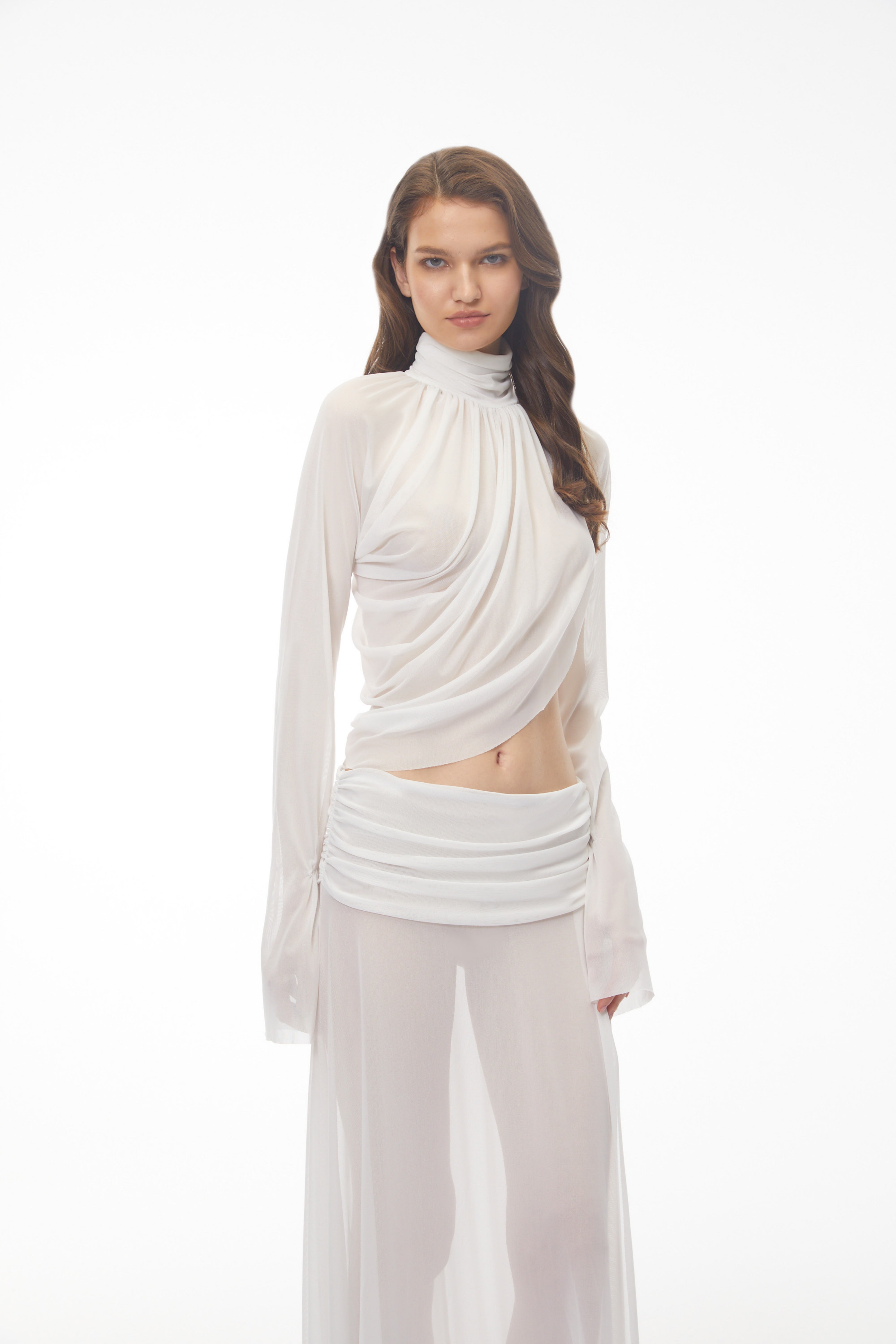White Chiffon Maxi Dress with High Neck, Side Cut-Out, and High Leg Slit