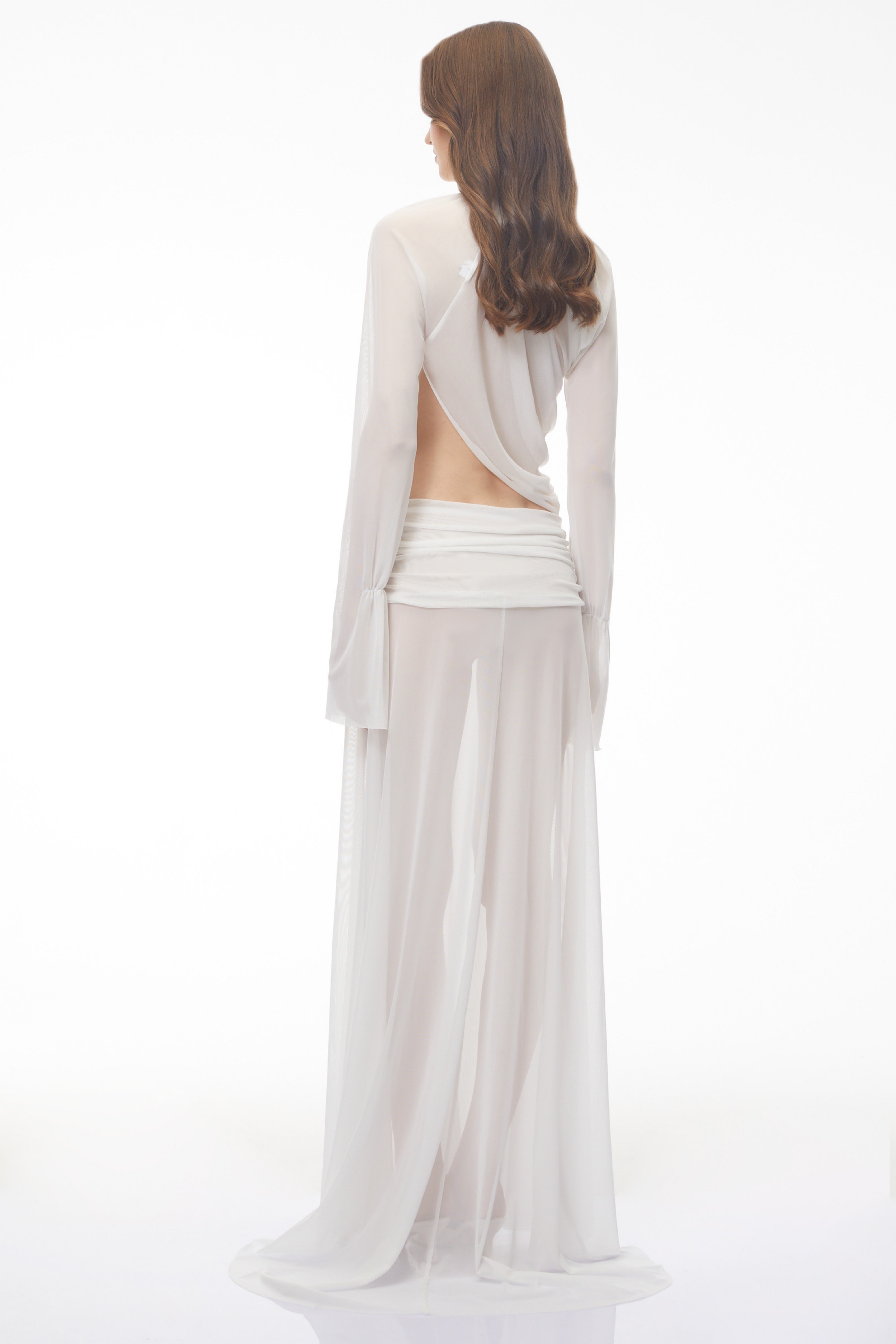 White Chiffon Maxi Dress with High Neck, Side Cut-Out, and High Leg Slit