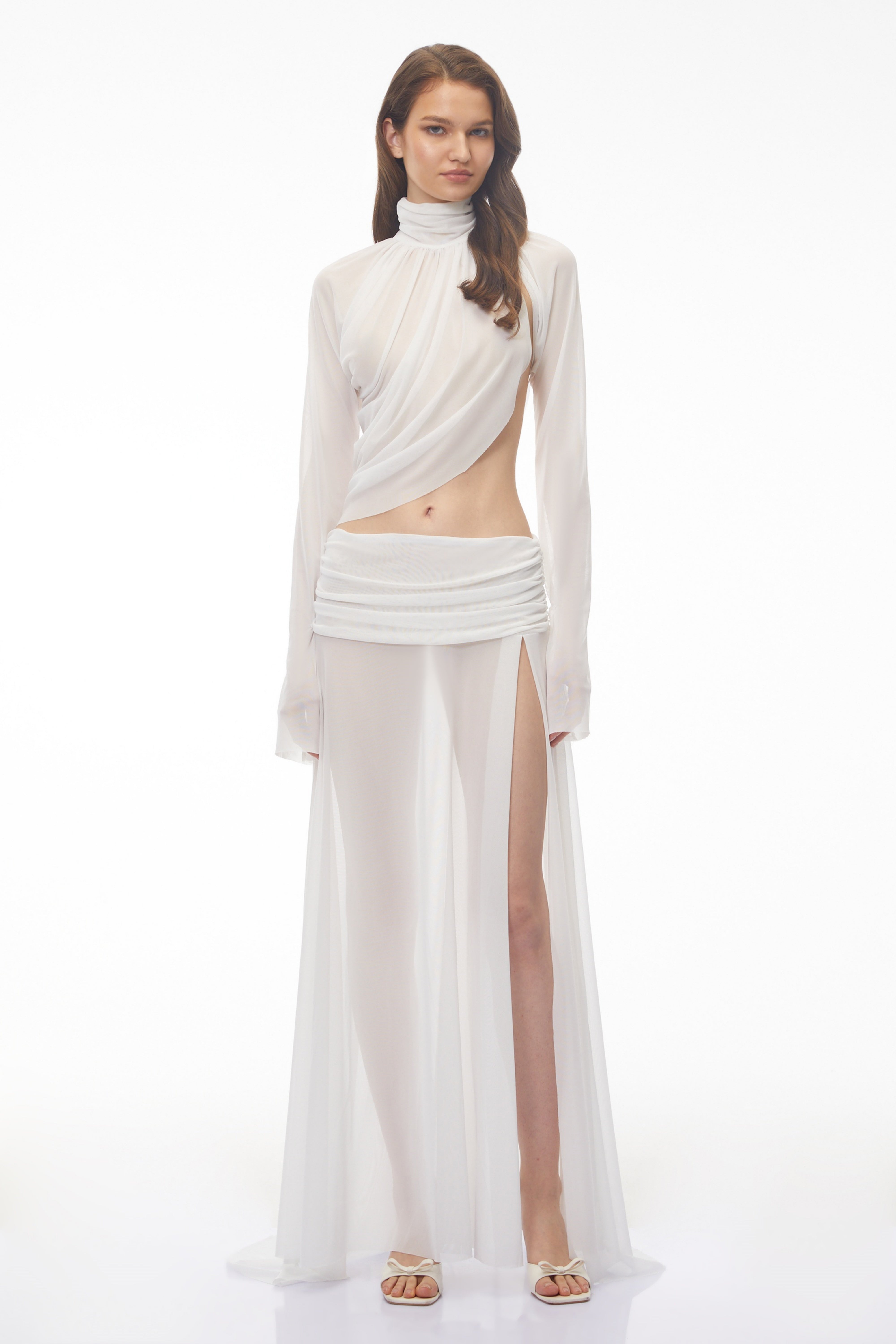 White Chiffon Maxi Dress with High Neck, Side Cut-Out, and High Leg Slit