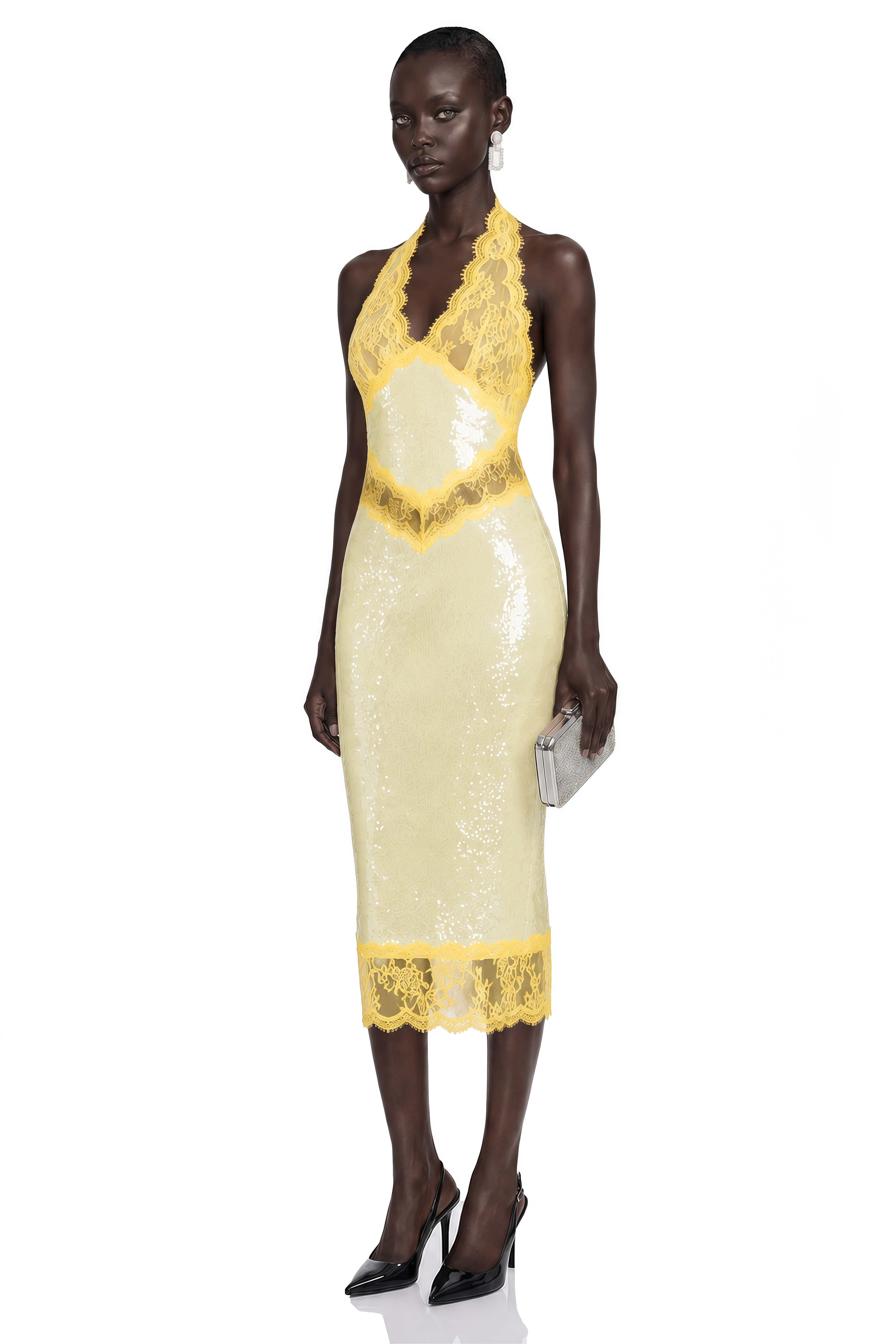 Yellow sequin halter dress with bright yellow lace trim