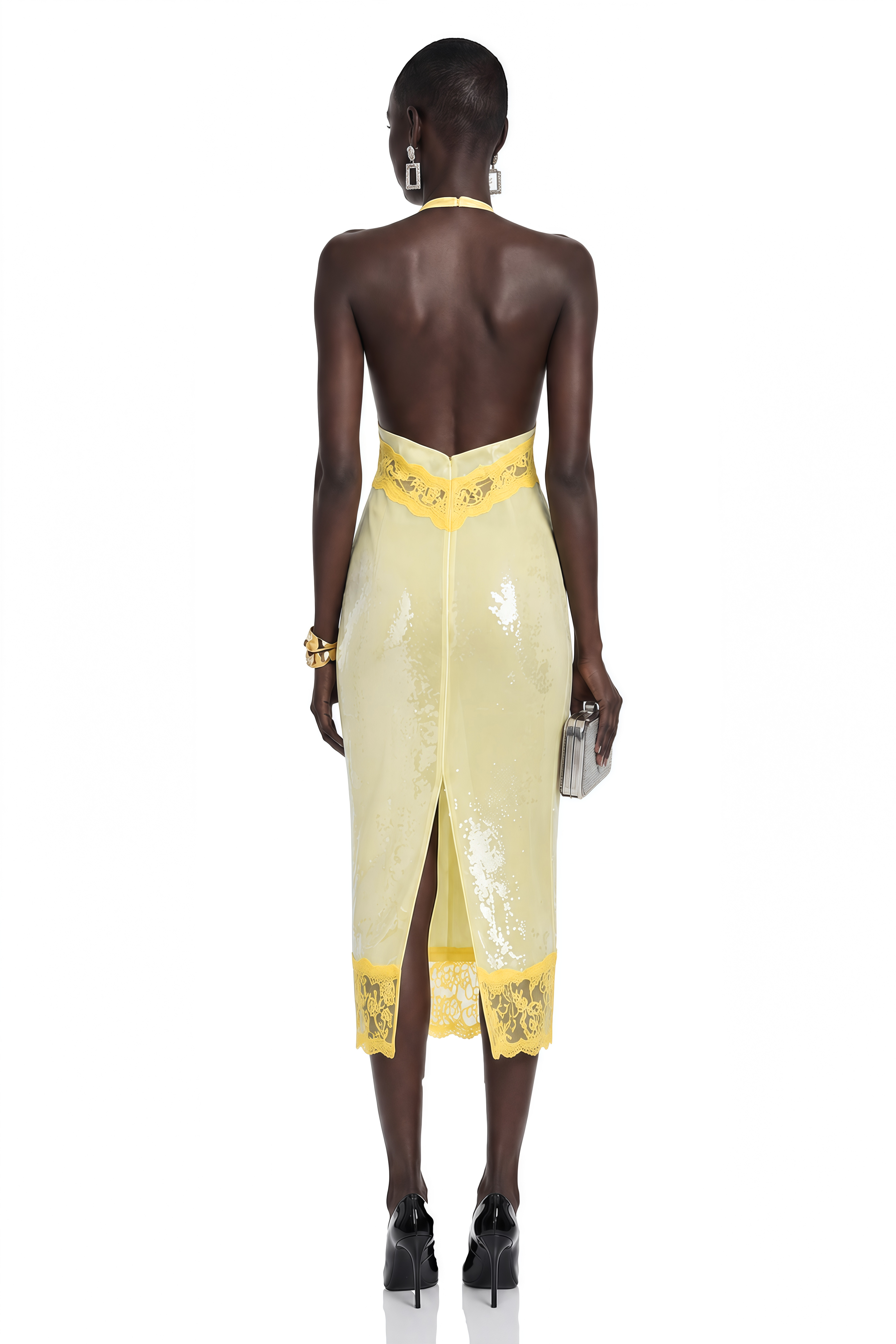 Yellow sequin halter dress with bright yellow lace trim