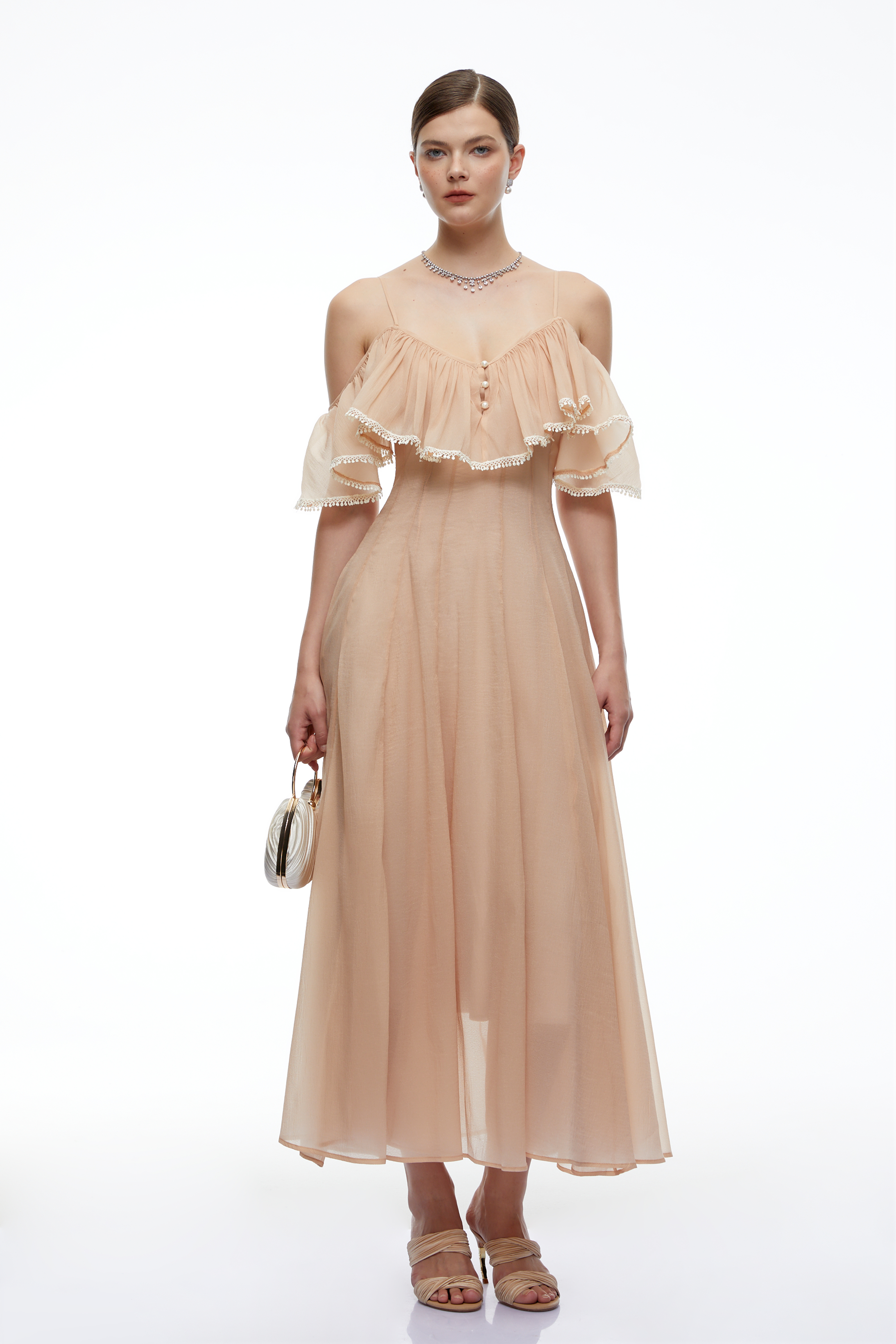 Grace Orange Cold-Shoulder Ruffle Maxi Dress