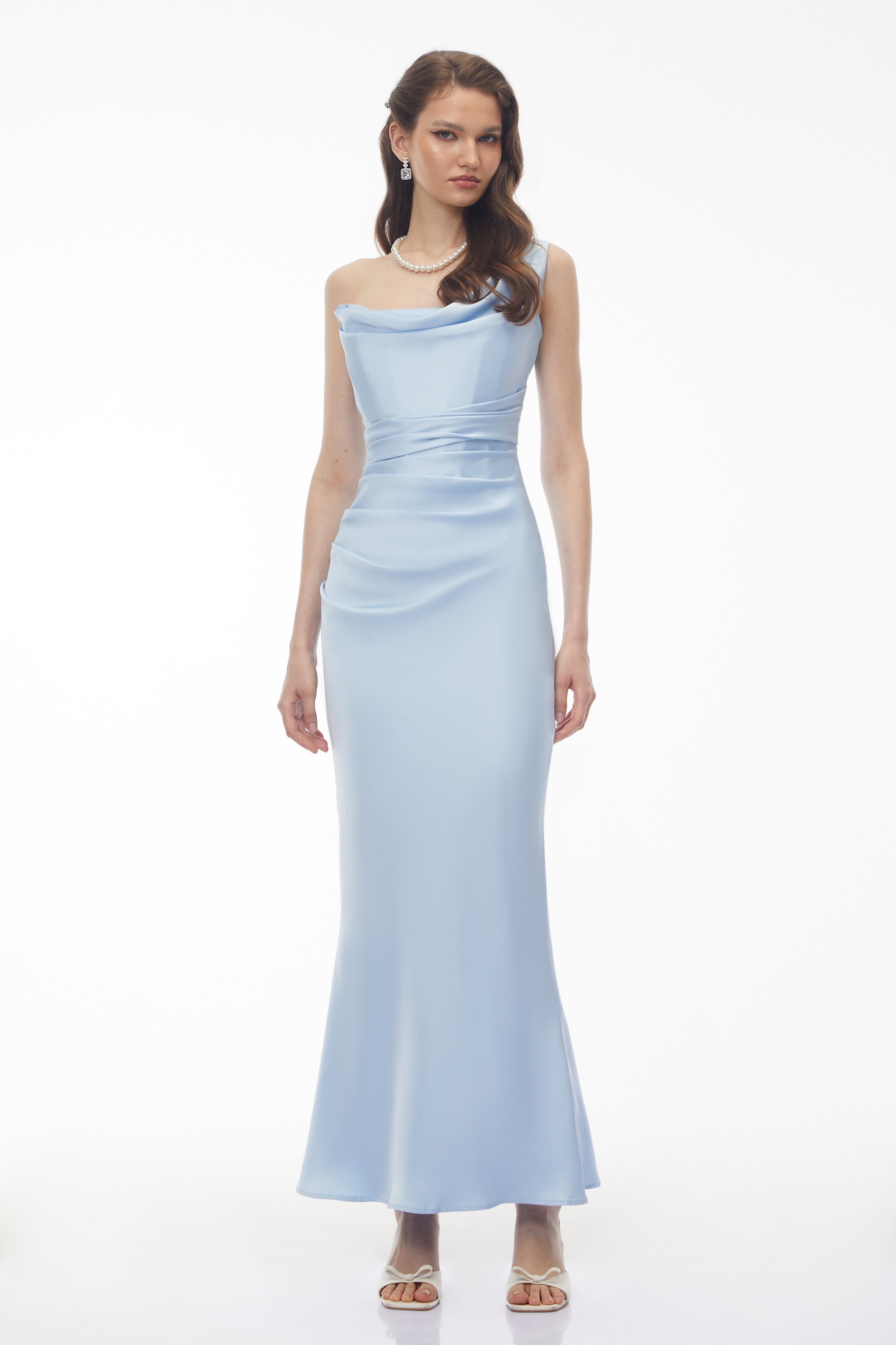 Light Blue Satin One Shoulder Cowl Neck Maxi Evening Gown