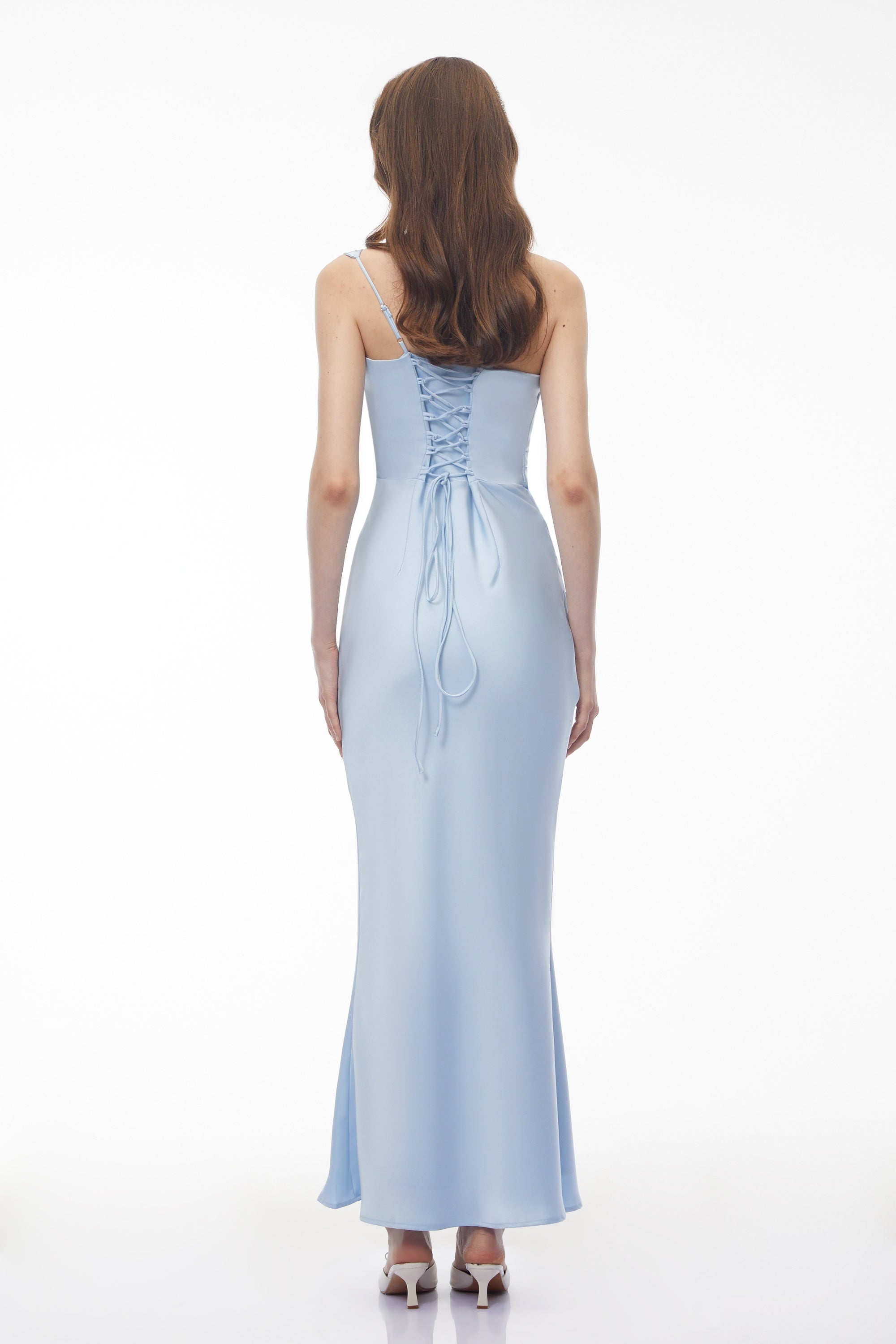 Light Blue Satin One Shoulder Cowl Neck Maxi Evening Gown