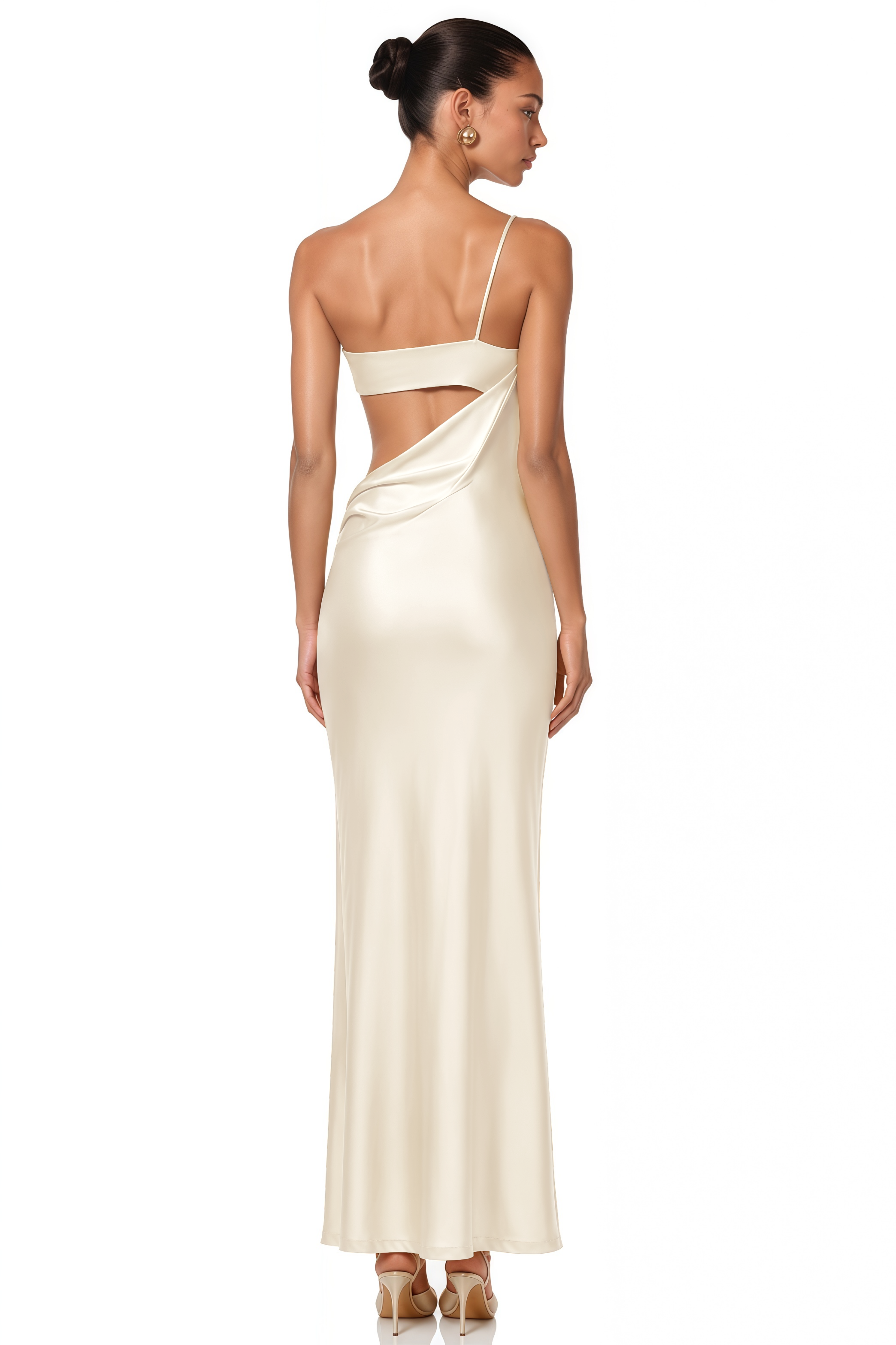 Off-white one-shoulder satin gown with asymmetric cutout