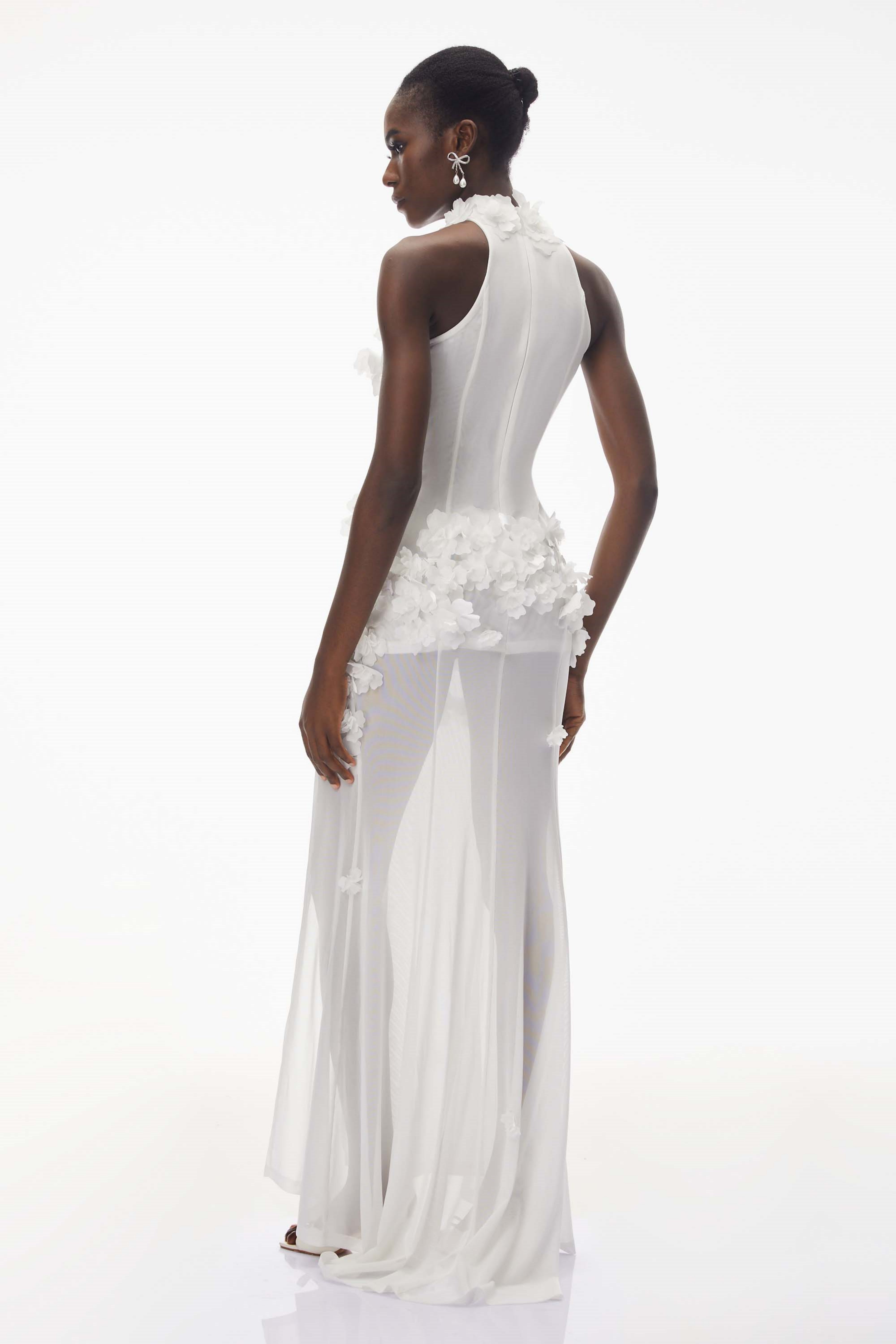 White halter-neck maxi gown with 3D floral appliqué