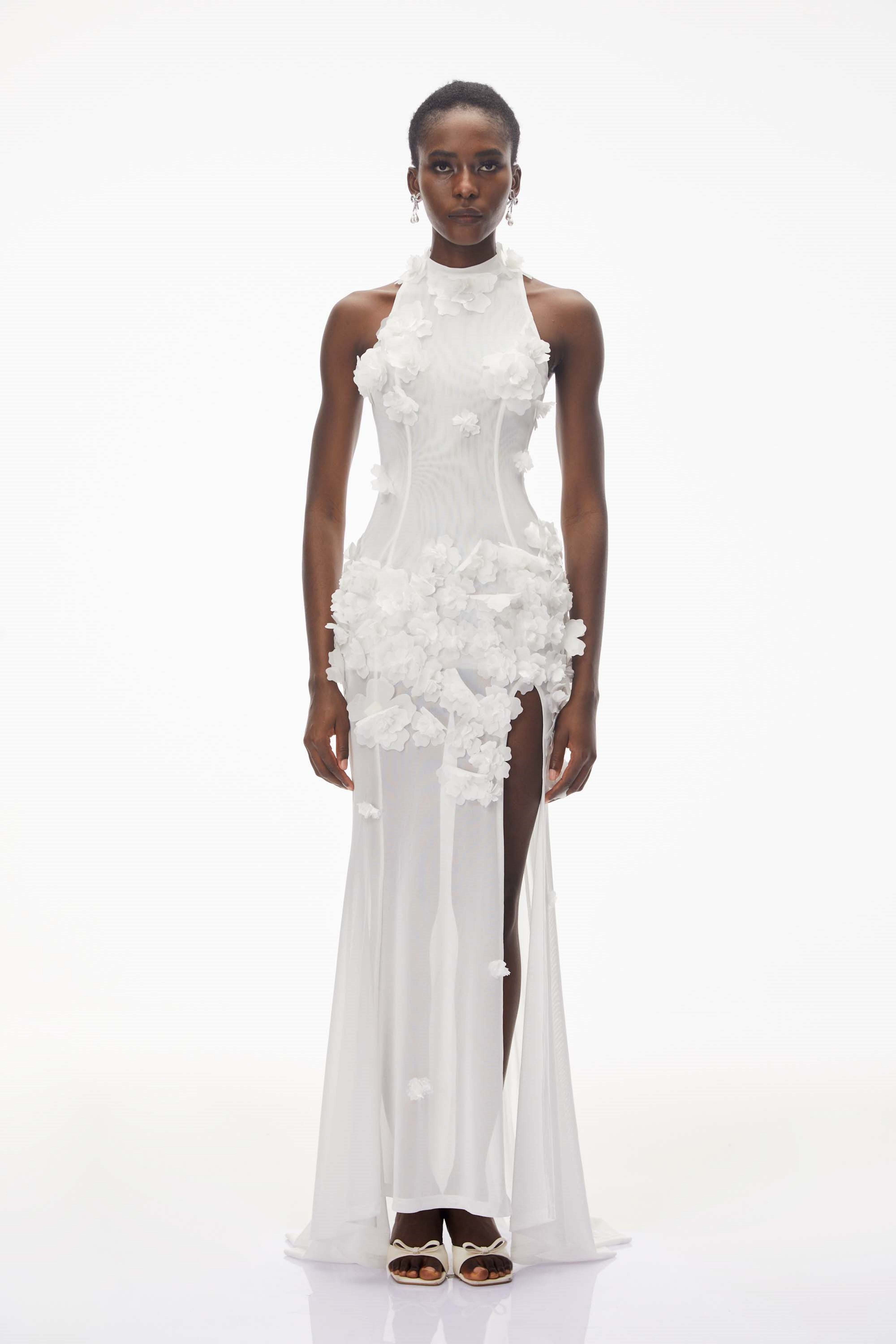 White halter-neck maxi gown with 3D floral appliqué