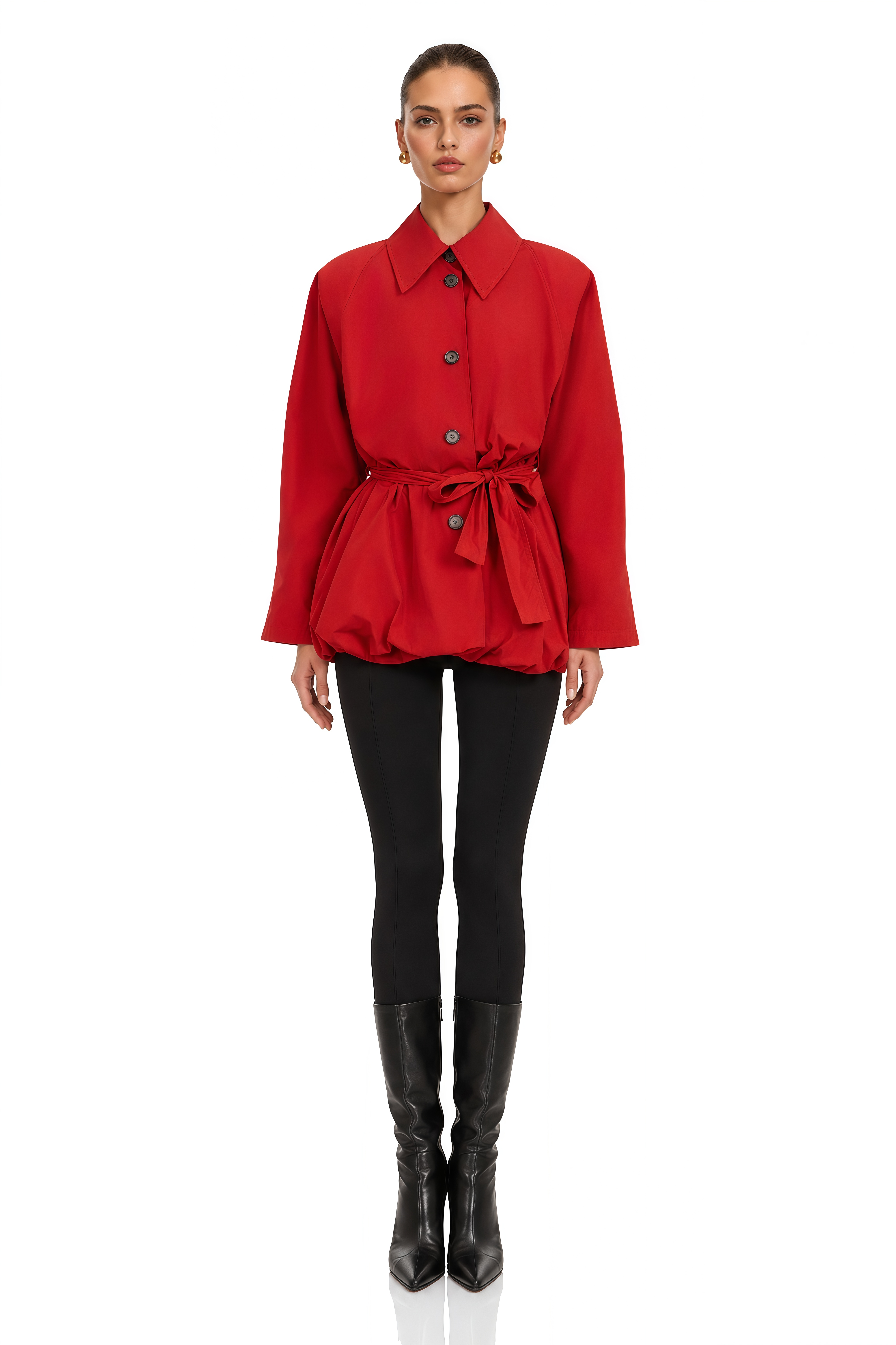 Gwennan Red Puff Sleeve Belted Bubble Jacket