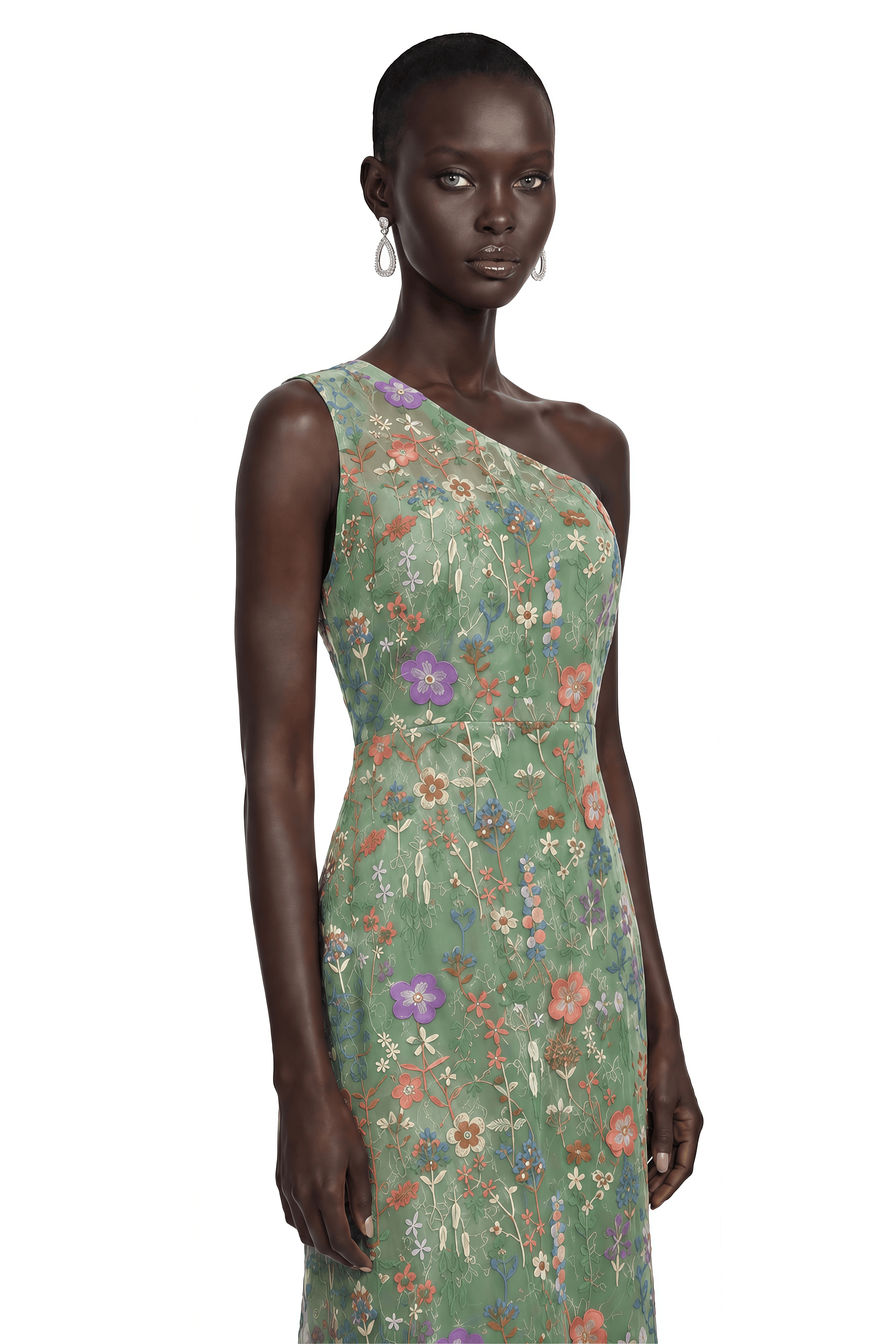 Gwyneira Green Floral One-Shoulder Maxi Dress
