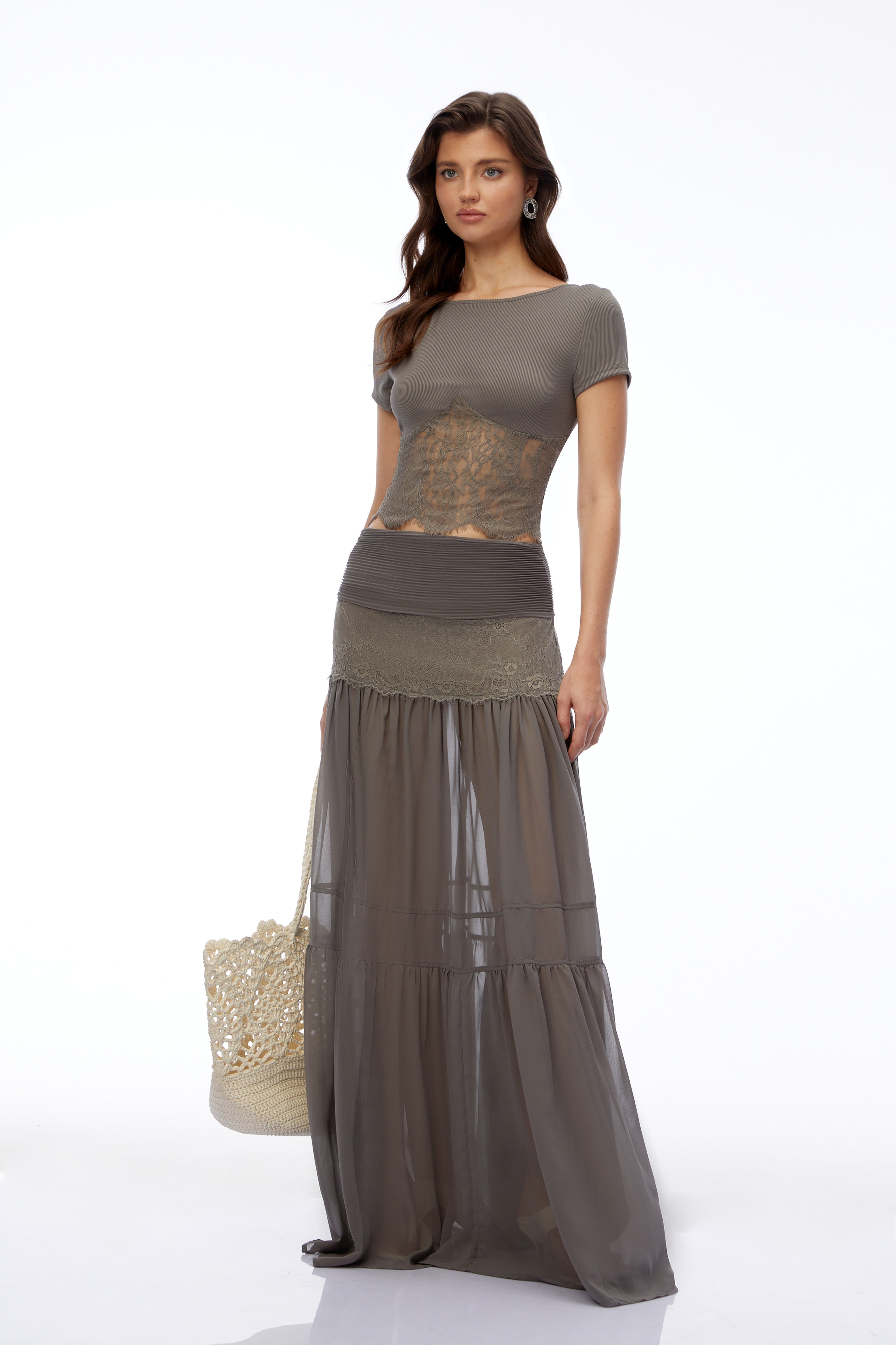 Taupe short-sleeve top and sheer tiered maxi skirt set with lace panels