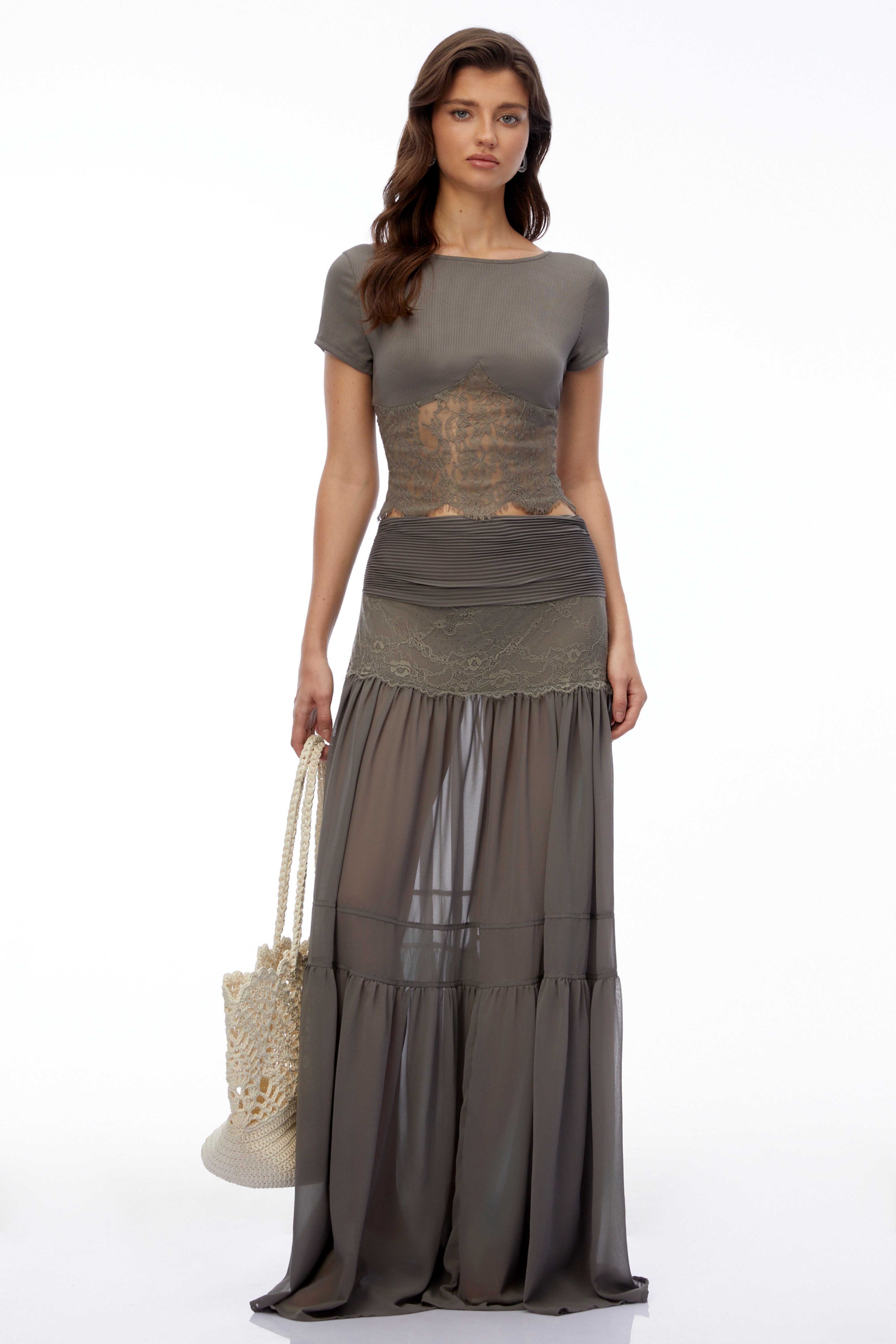 Taupe short-sleeve top and sheer tiered maxi skirt set with lace panels