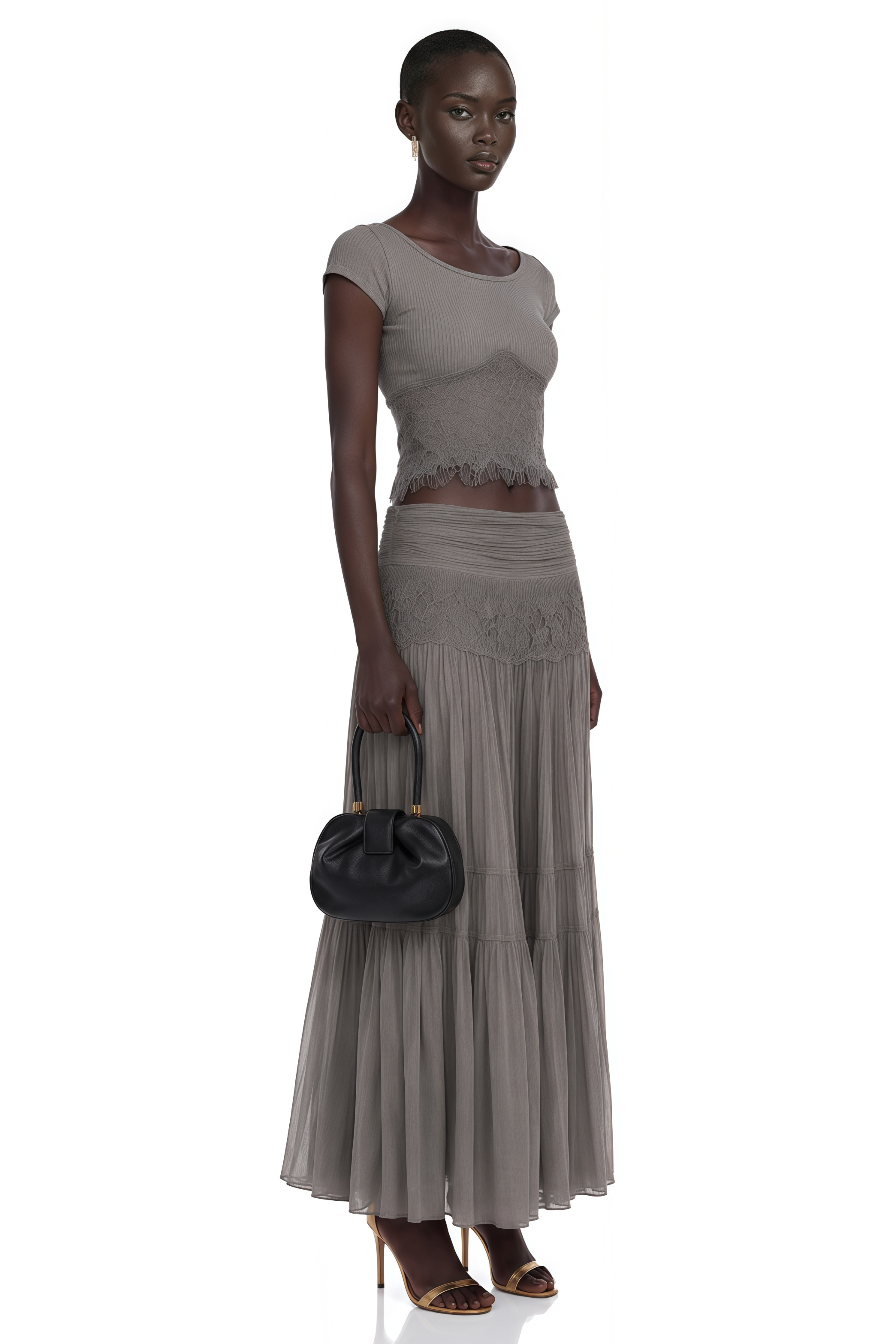 Taupe short-sleeve top and sheer tiered maxi skirt set with lace panels