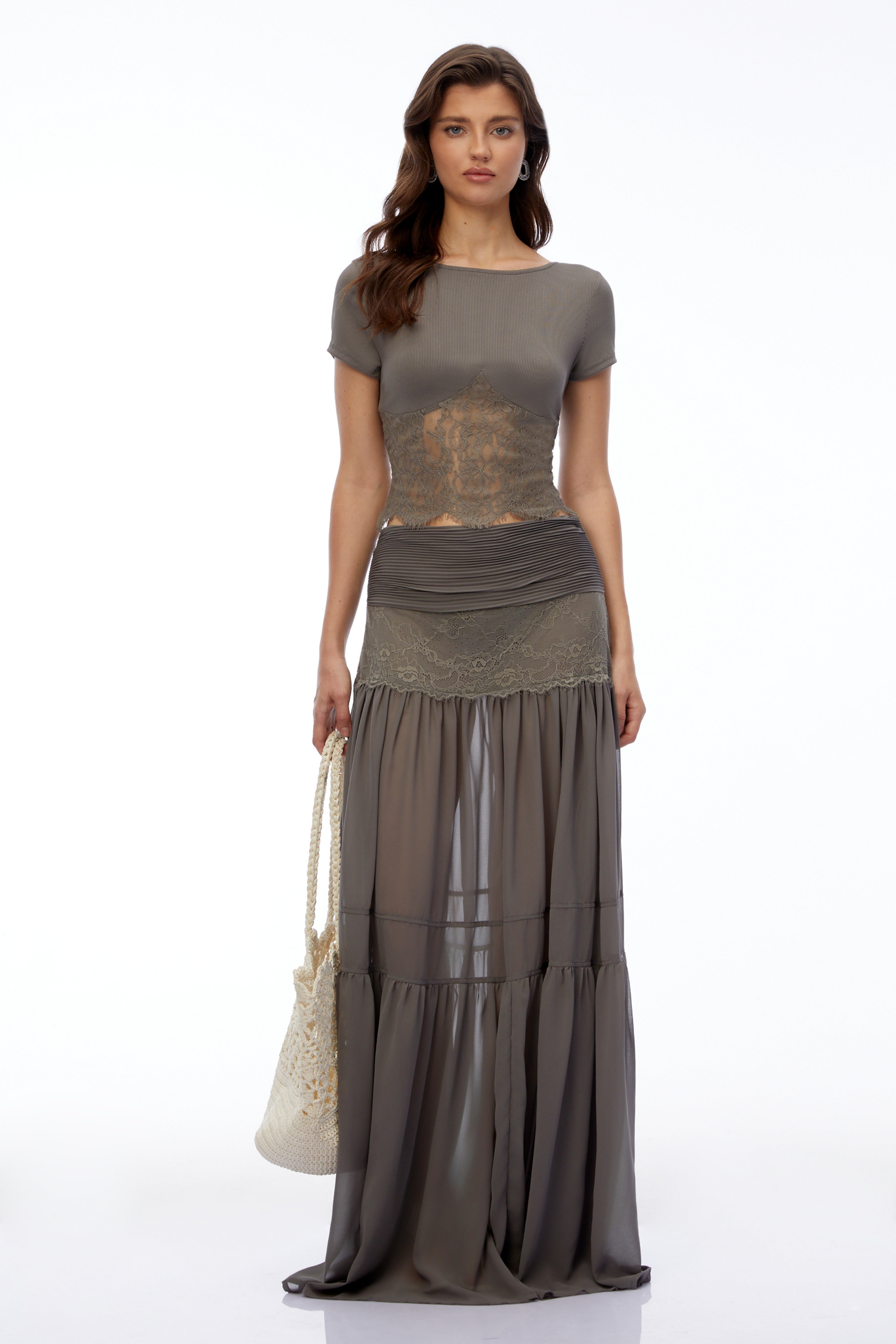 Taupe short-sleeve top and sheer tiered maxi skirt set with lace panels