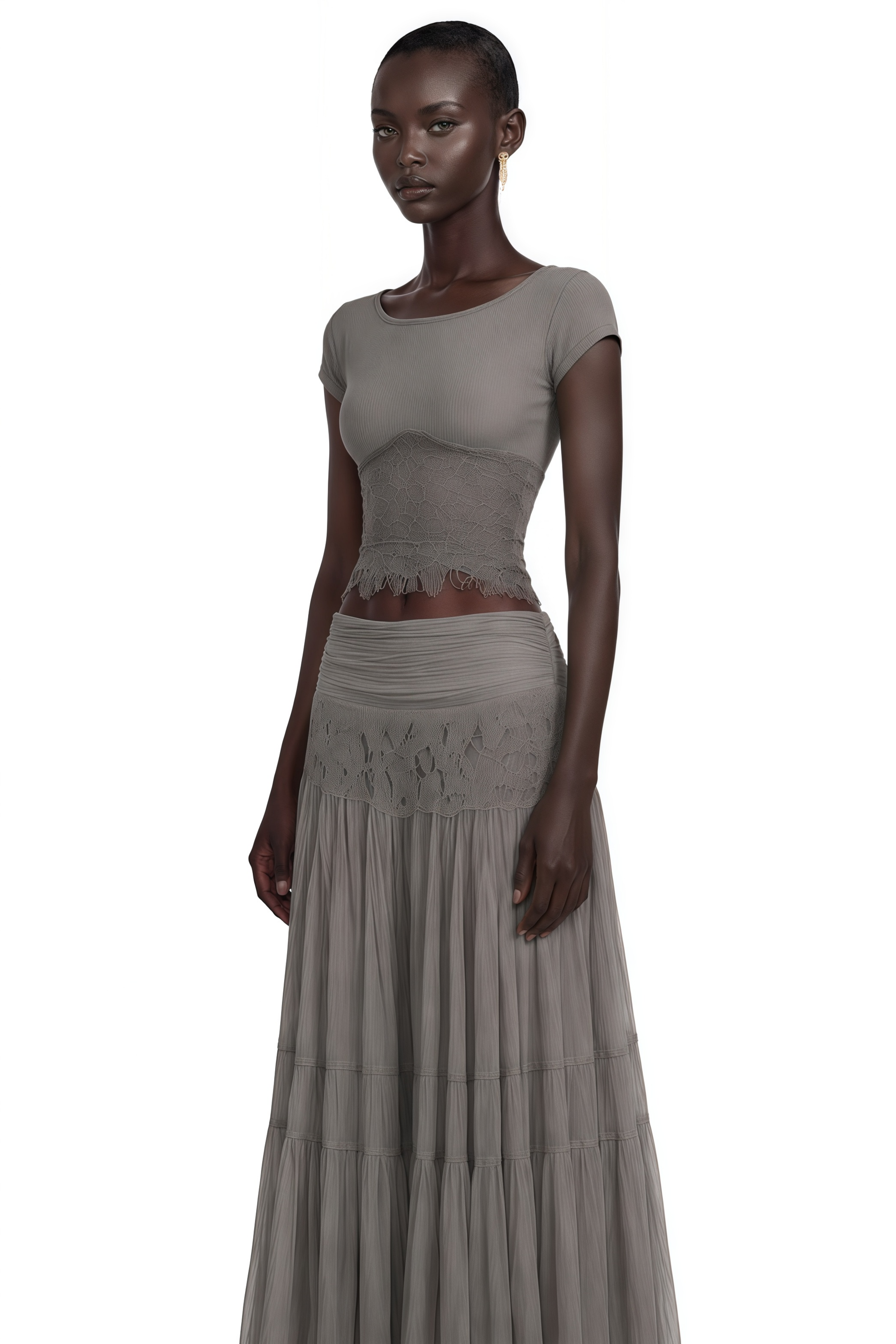 Taupe short-sleeve top and sheer tiered maxi skirt set with lace panels
