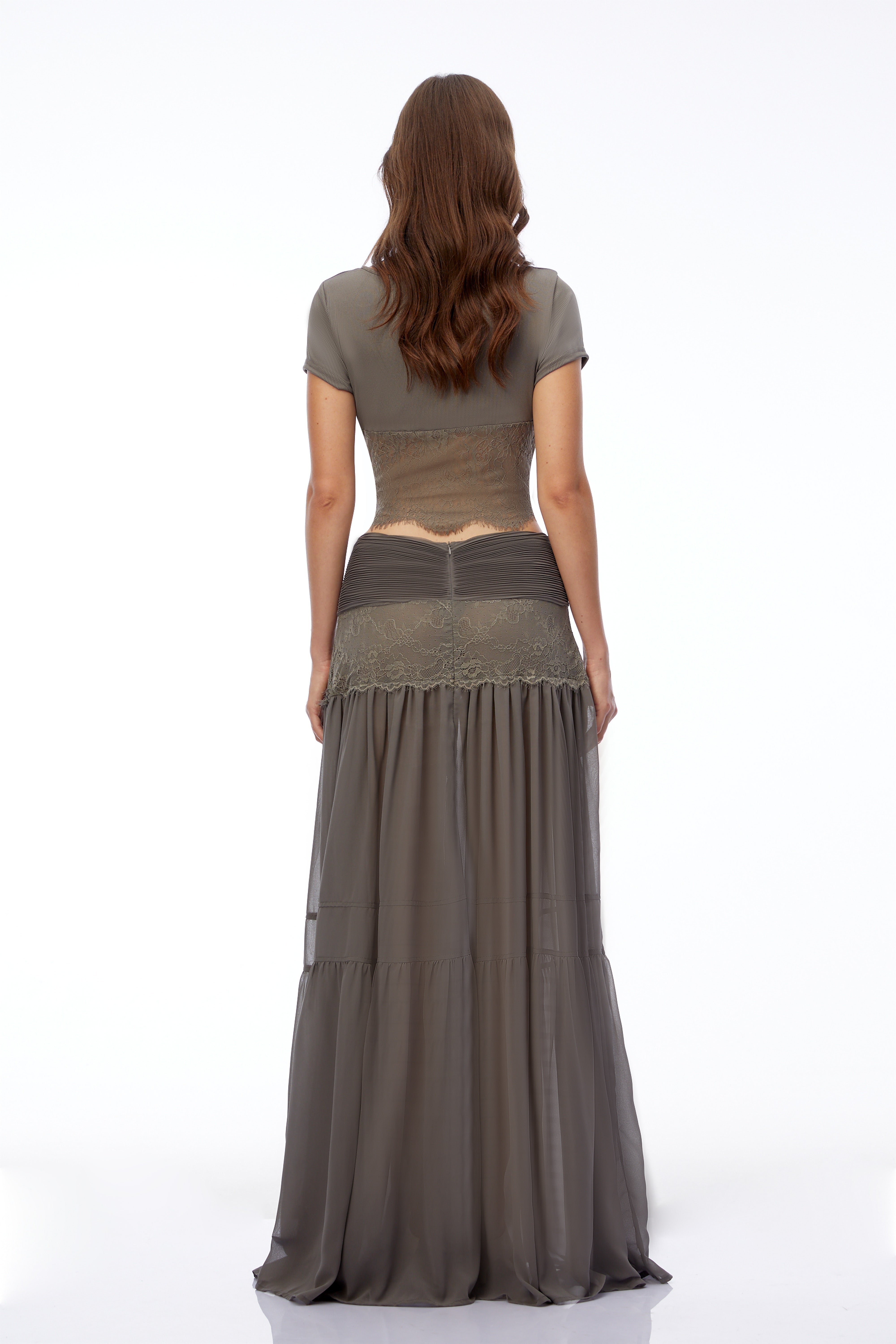 Taupe short-sleeve top and sheer tiered maxi skirt set with lace panels