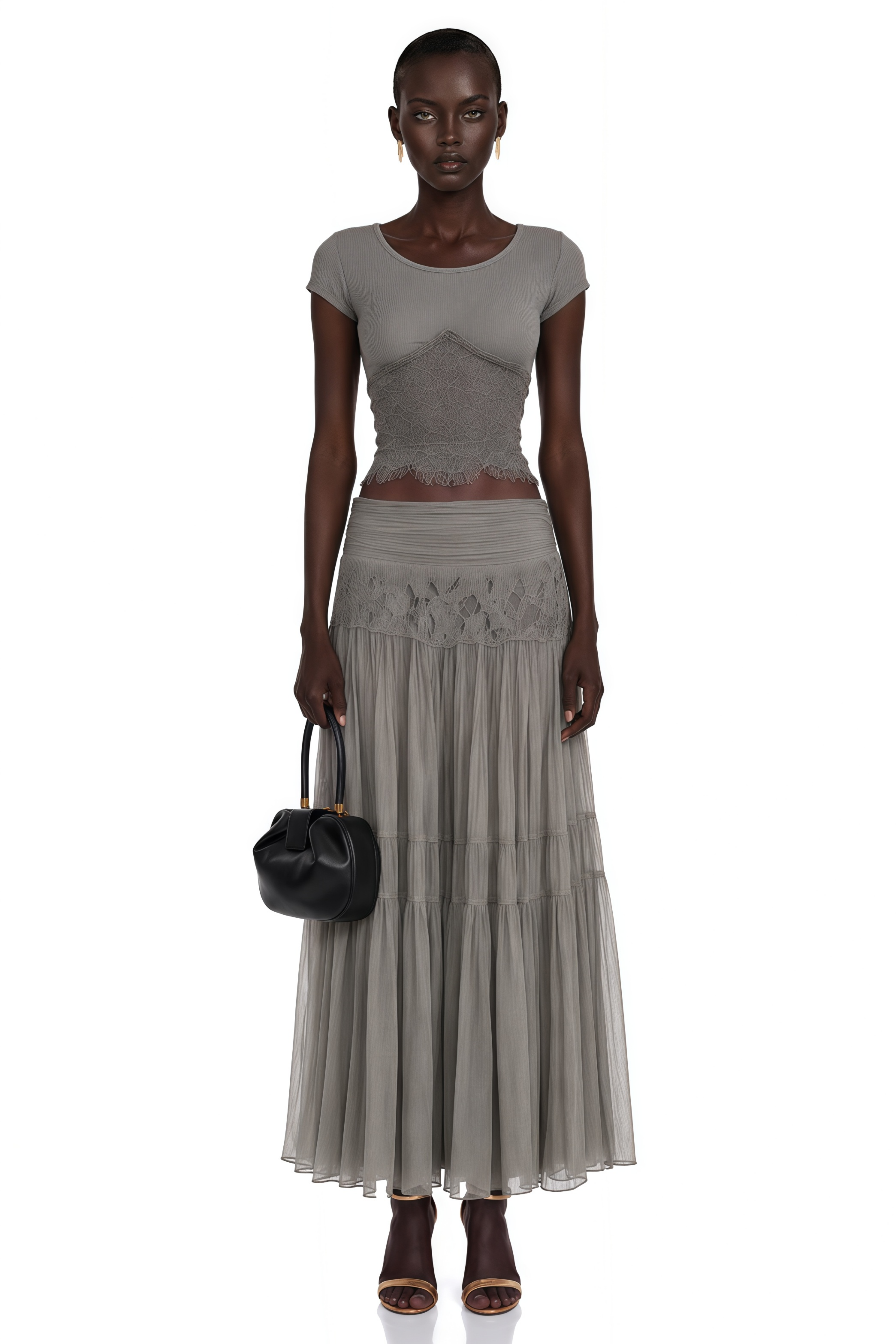 Taupe short-sleeve top and sheer tiered maxi skirt set with lace panels