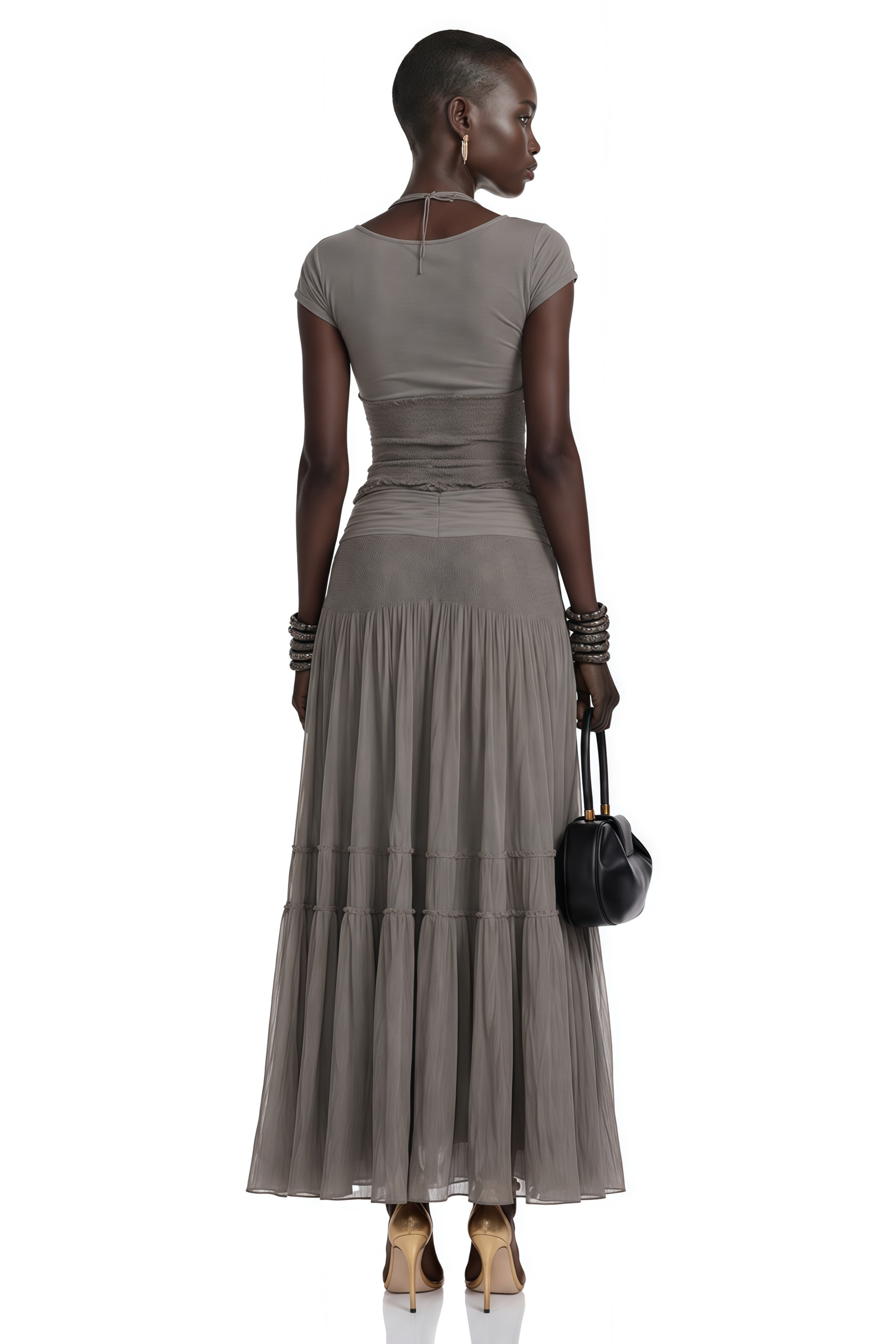 Taupe short-sleeve top and sheer tiered maxi skirt set with lace panels