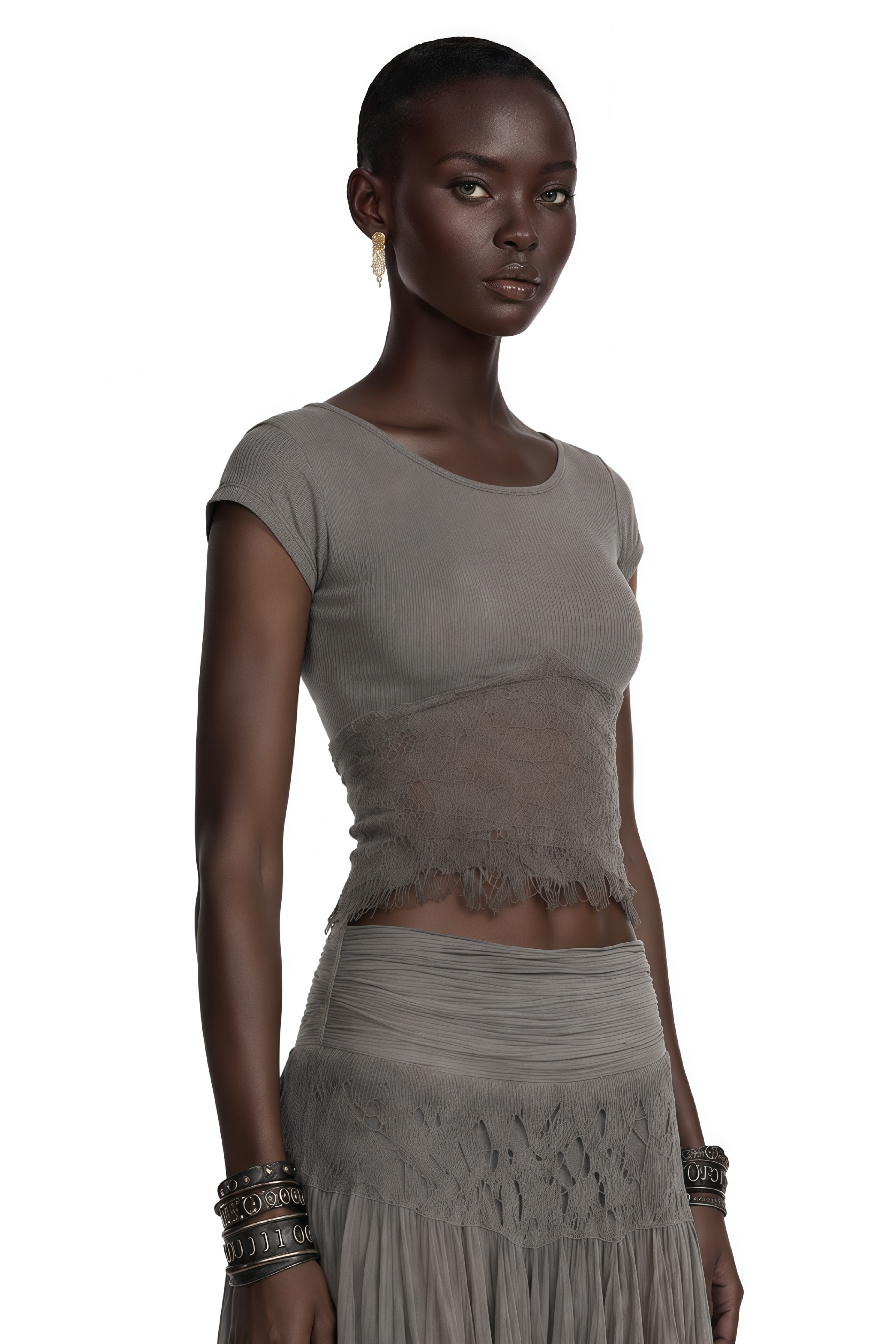 Taupe short-sleeve top and sheer tiered maxi skirt set with lace panels