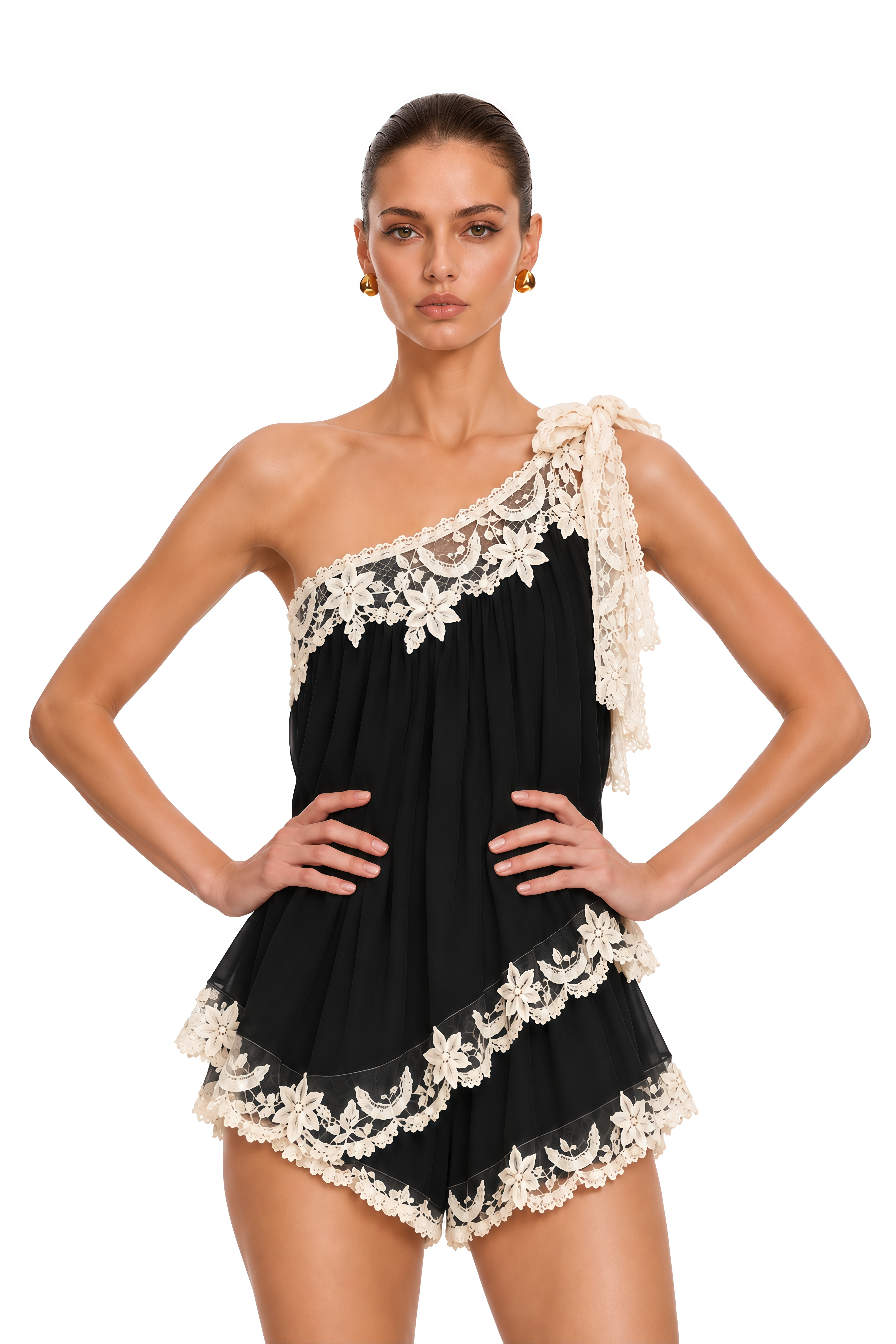 Hadeel Black One Shoulder Lace Top & Shorts Set