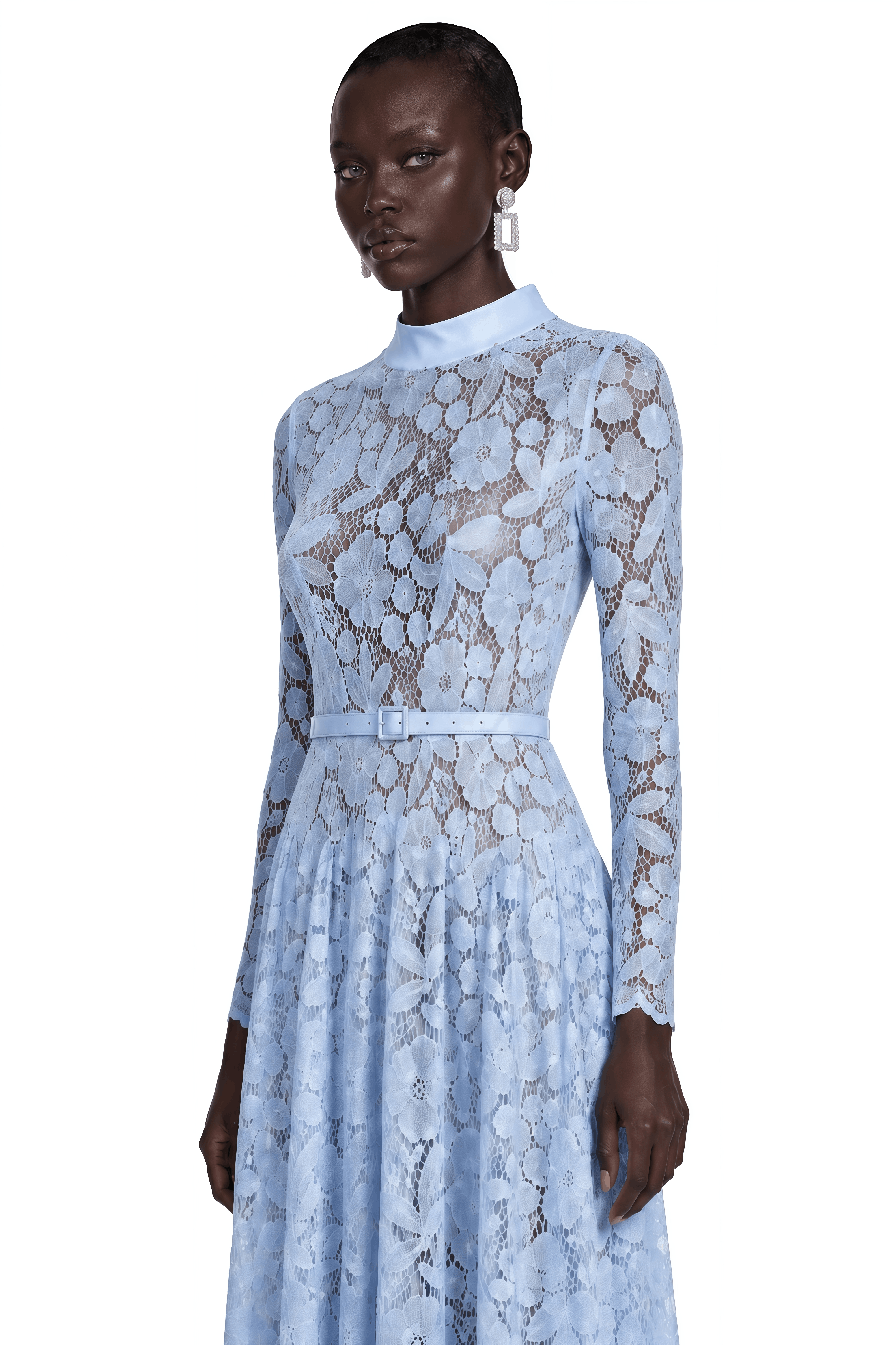 Hadlee Blue Lace Long Sleeve Belted Midi Dress