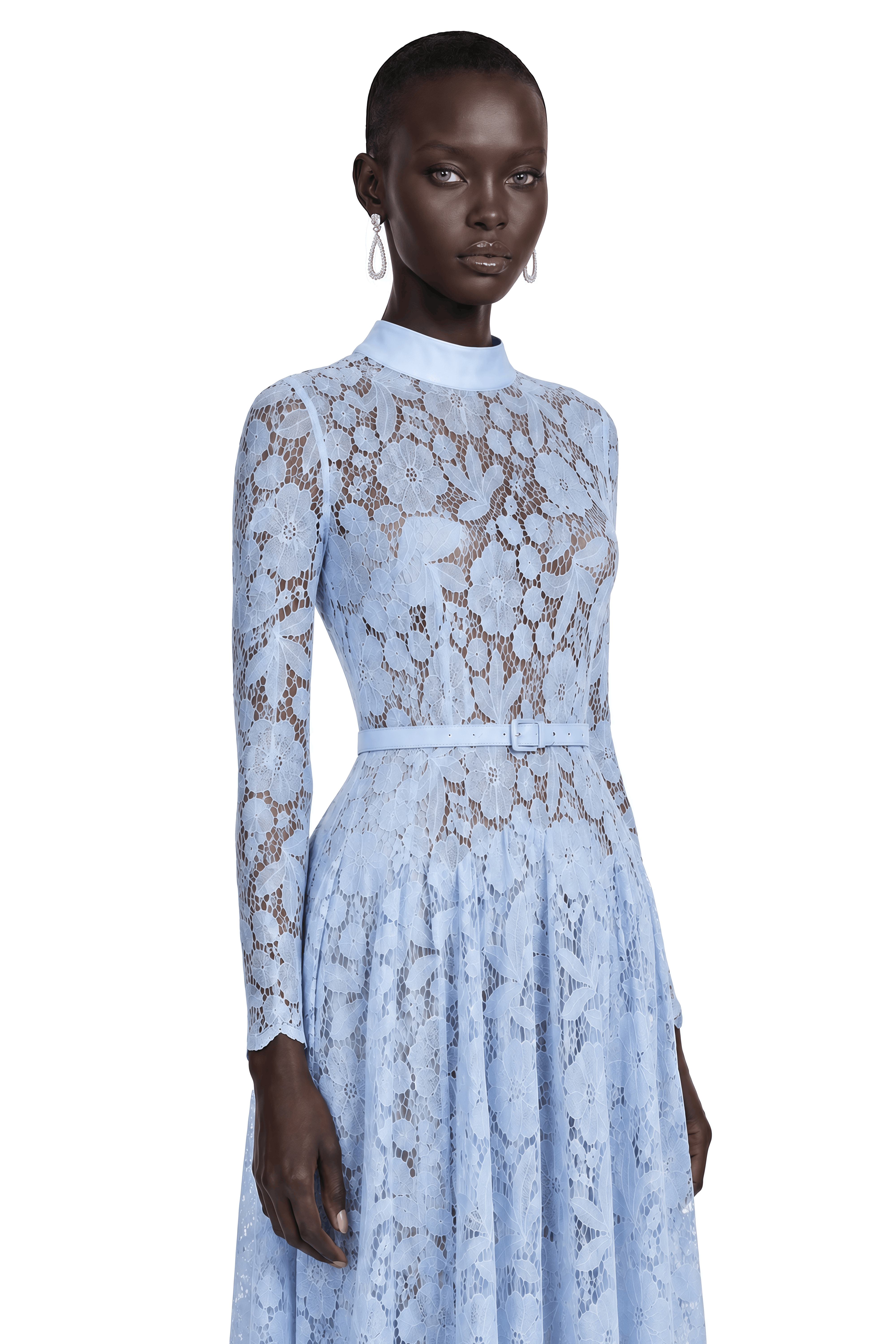 Hadlee Blue Lace Long Sleeve Belted Midi Dress